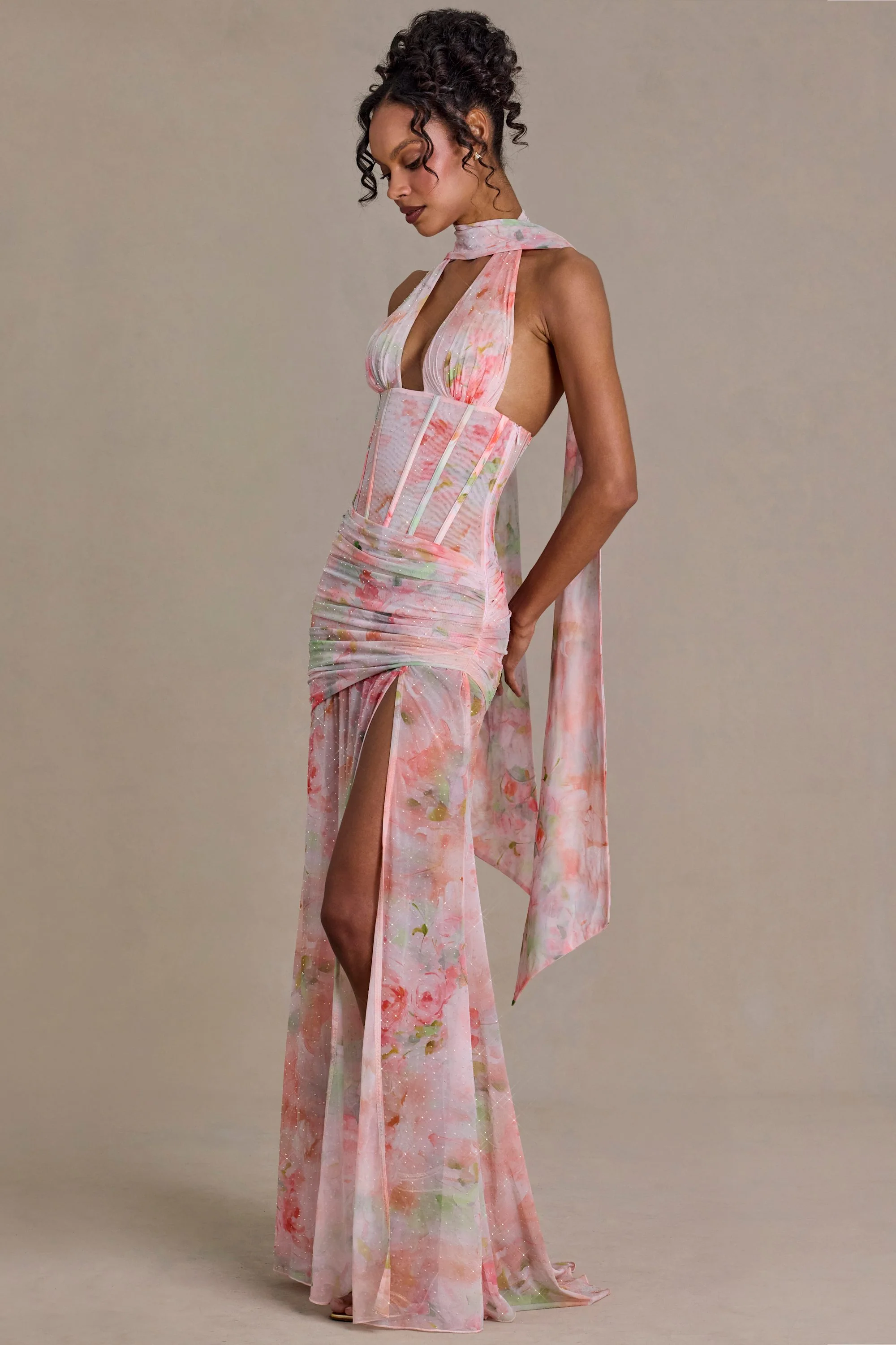 Premium Embellished Scarf-Detail Maxi Dress in Pink Floral Print - Image 7