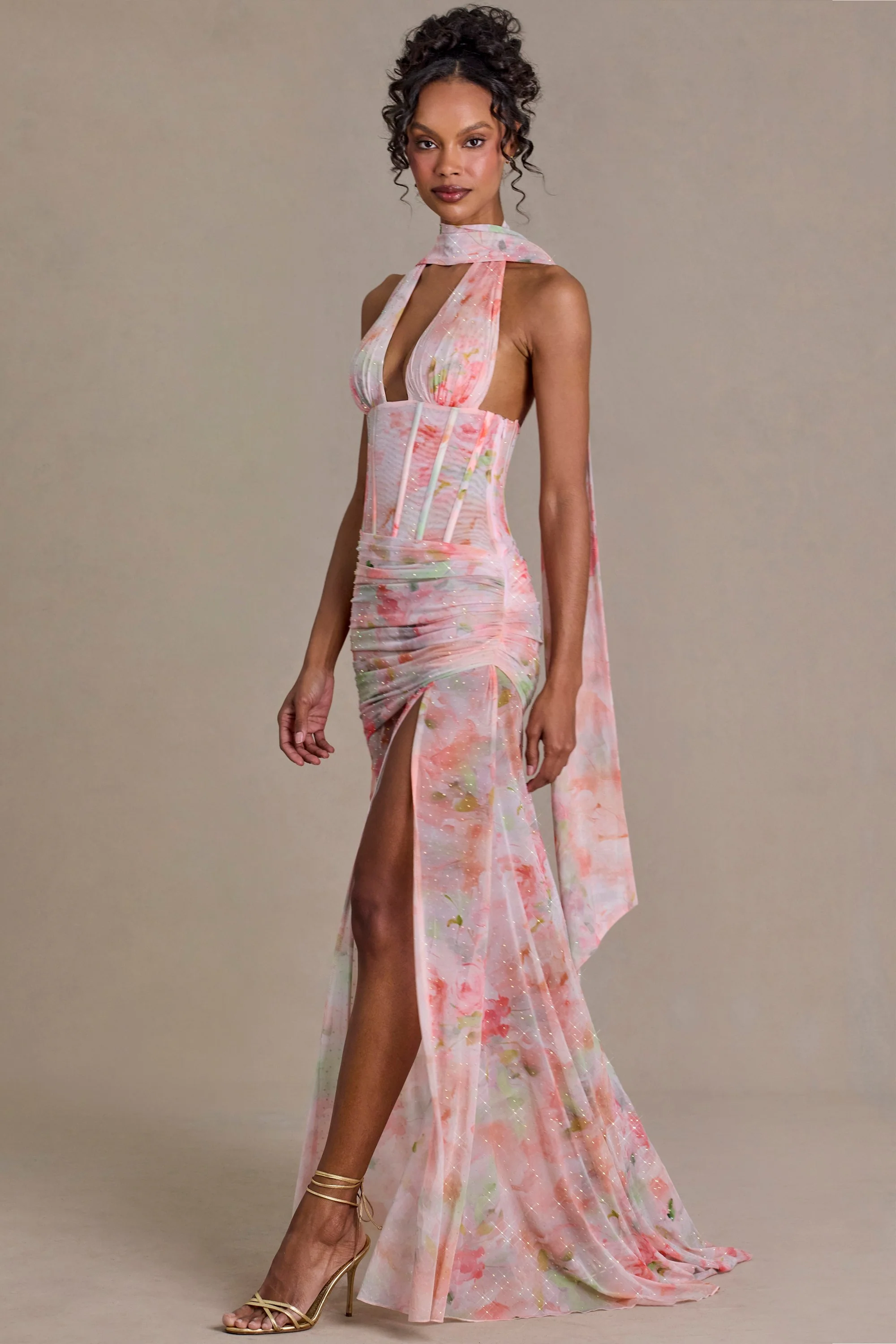 Premium Embellished Scarf-Detail Maxi Dress in Pink Floral Print - Image 8
