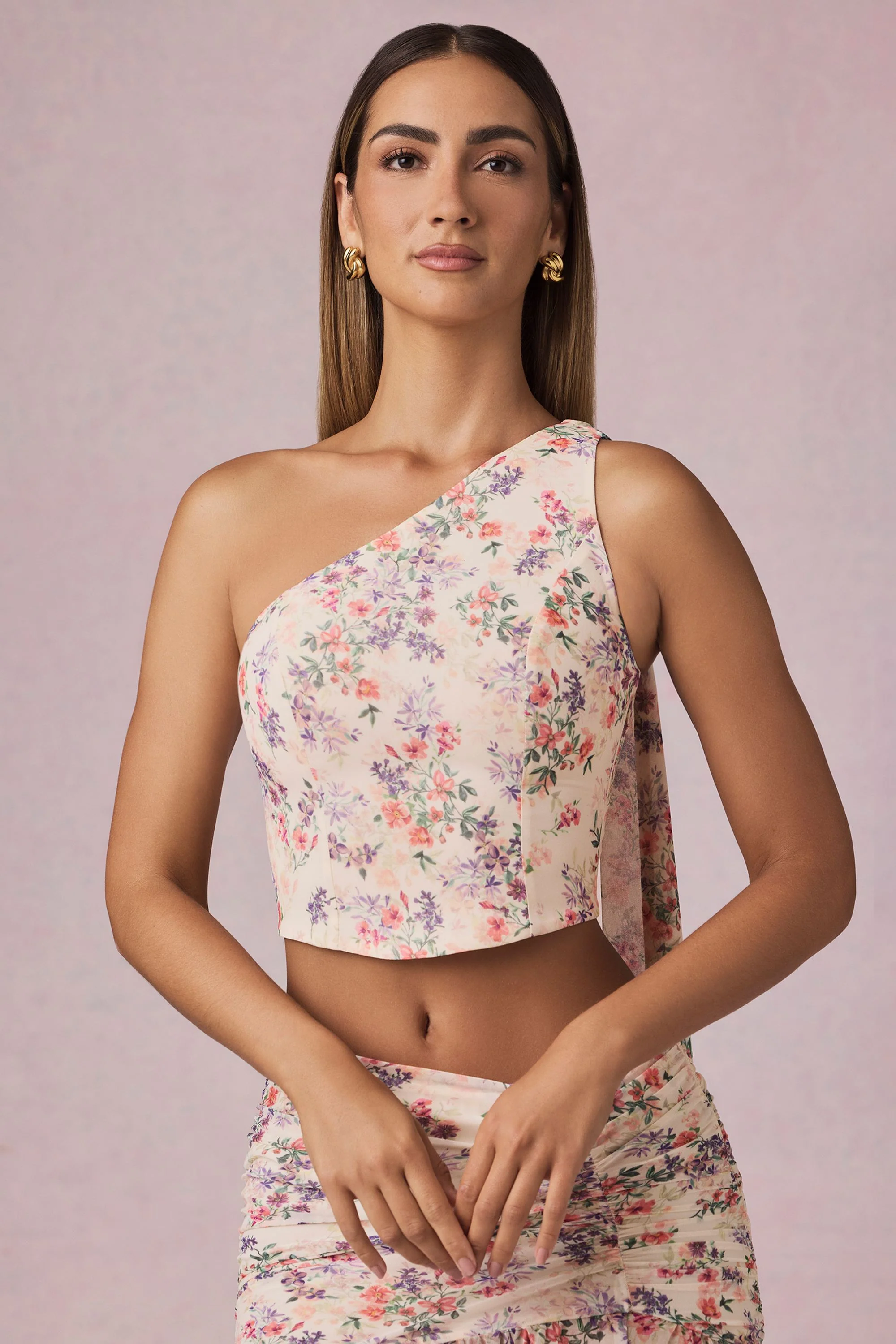 Scarf-Detail One-Shoulder Top in Primrose Floral Print - Image 4