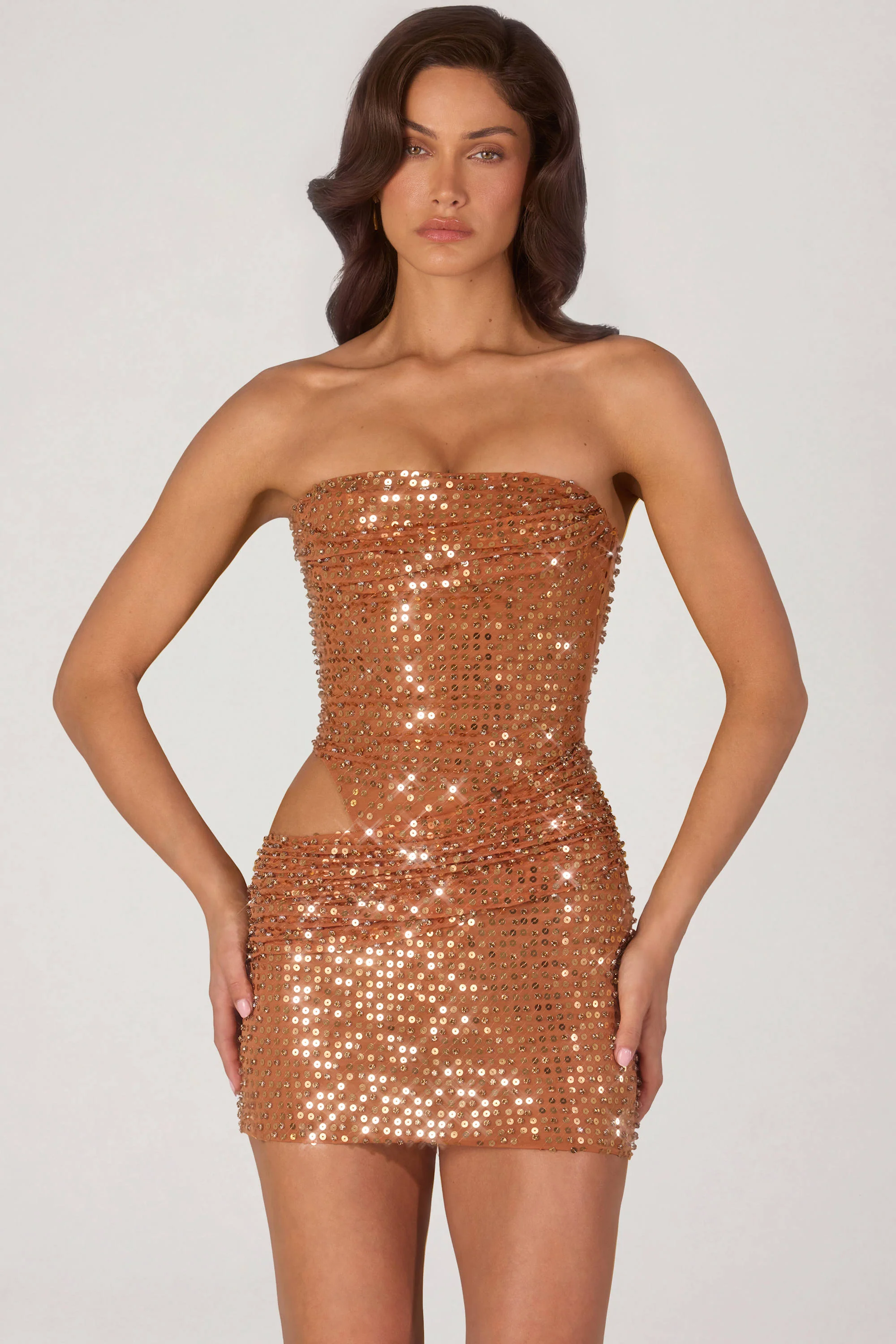 Embellished Cut-Out Mini Dress in Bronze - Image 6