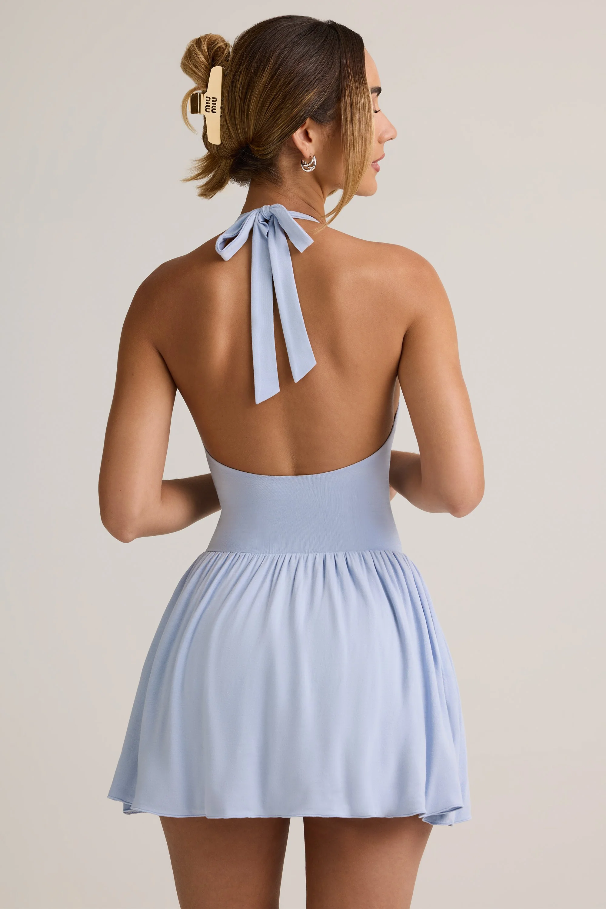 Modal Backless Halterneck Mini Dress in Light Blue - Image 5