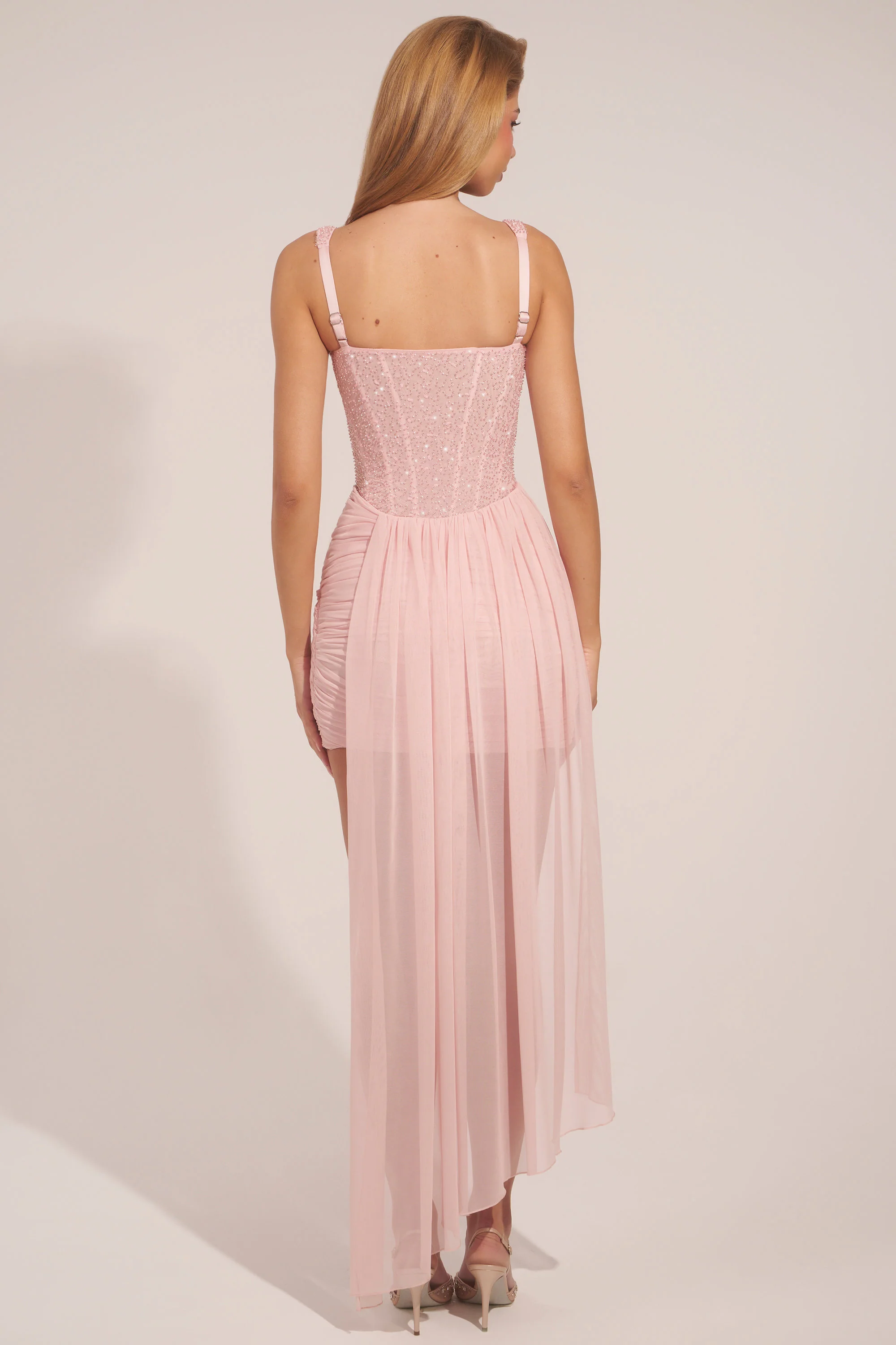 Corseted Draped Mini Dress in Blush Pink - Image 7