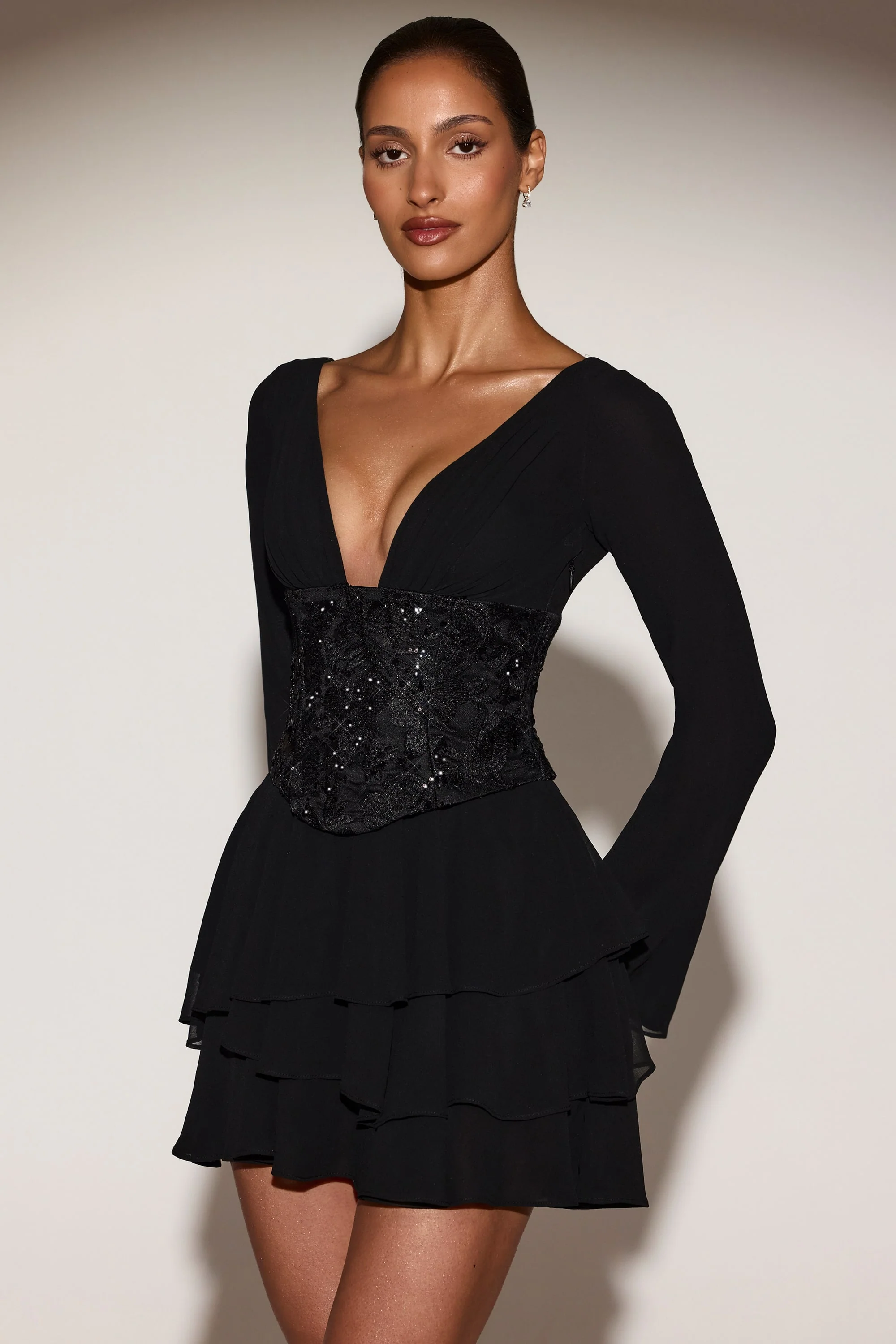 Chiffon Embellished Corset A-line Mini Dress in Black - Image 5