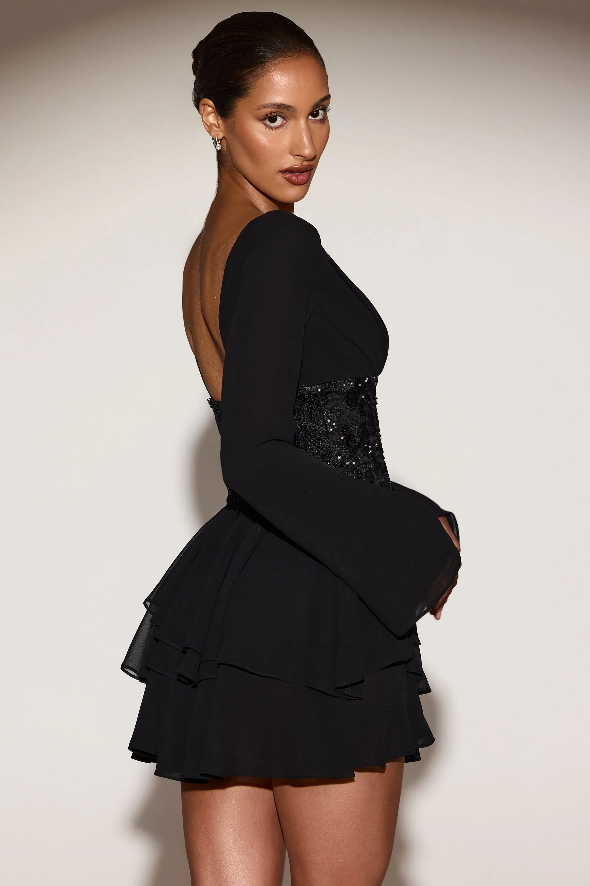 Chiffon Embellished Corset A-line Mini Dress in Black - Image 7