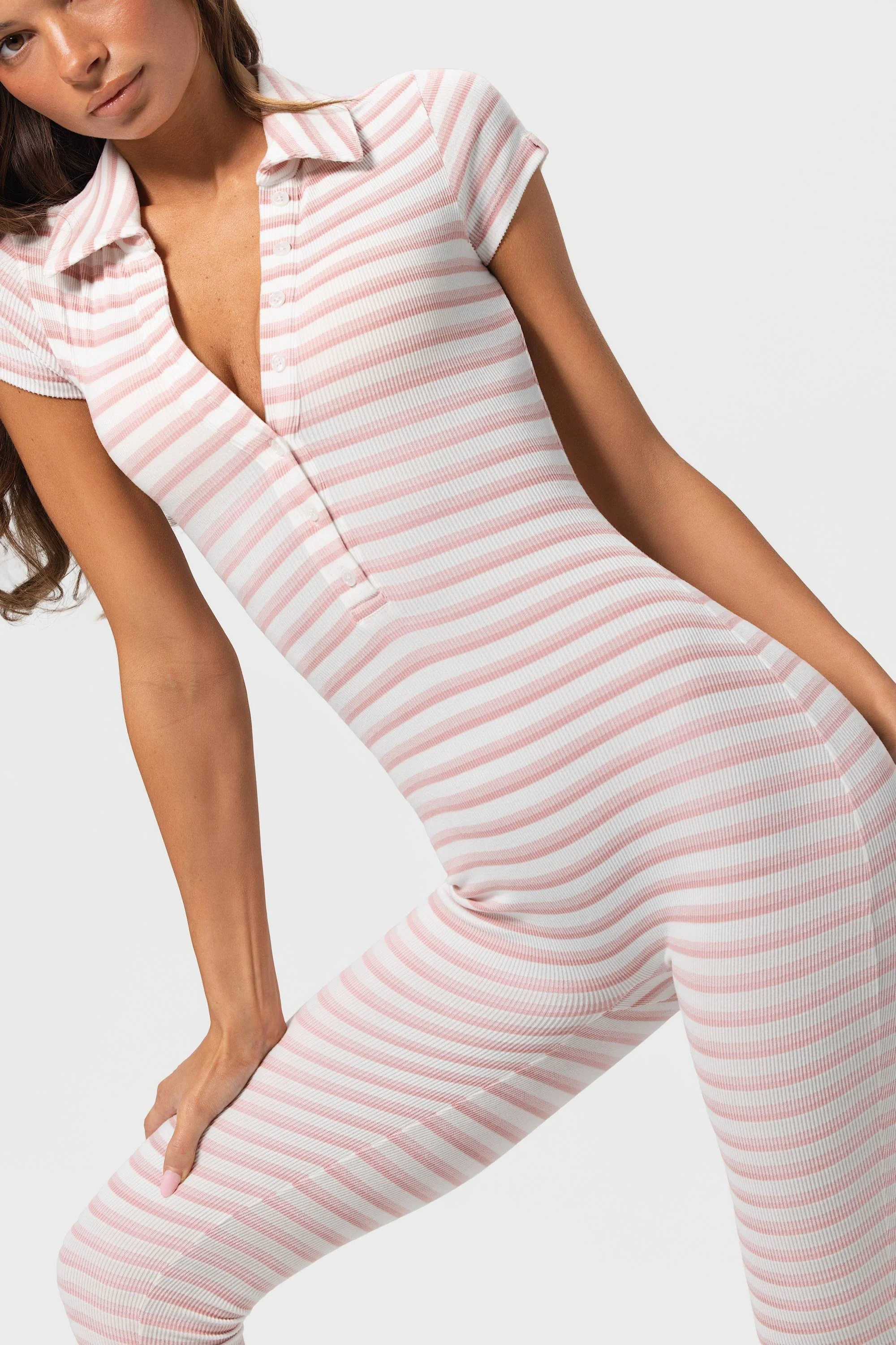 Ribbed Jersey Capri Jumpsuit in Pink Stripe - Image 4
