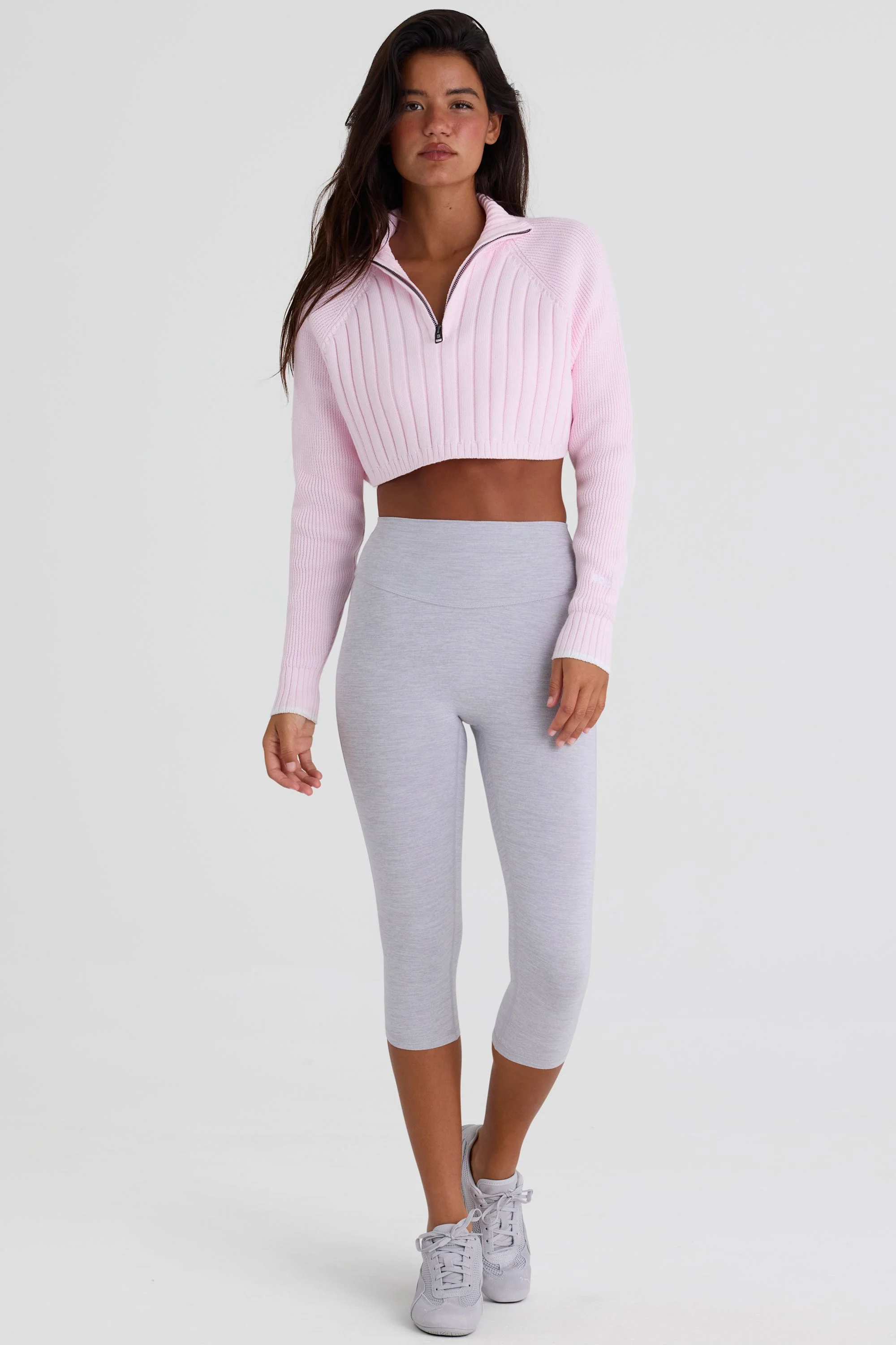 Ribbed Knit Quarter-Zip Cropped Jumper in Powder Pink - Image 4