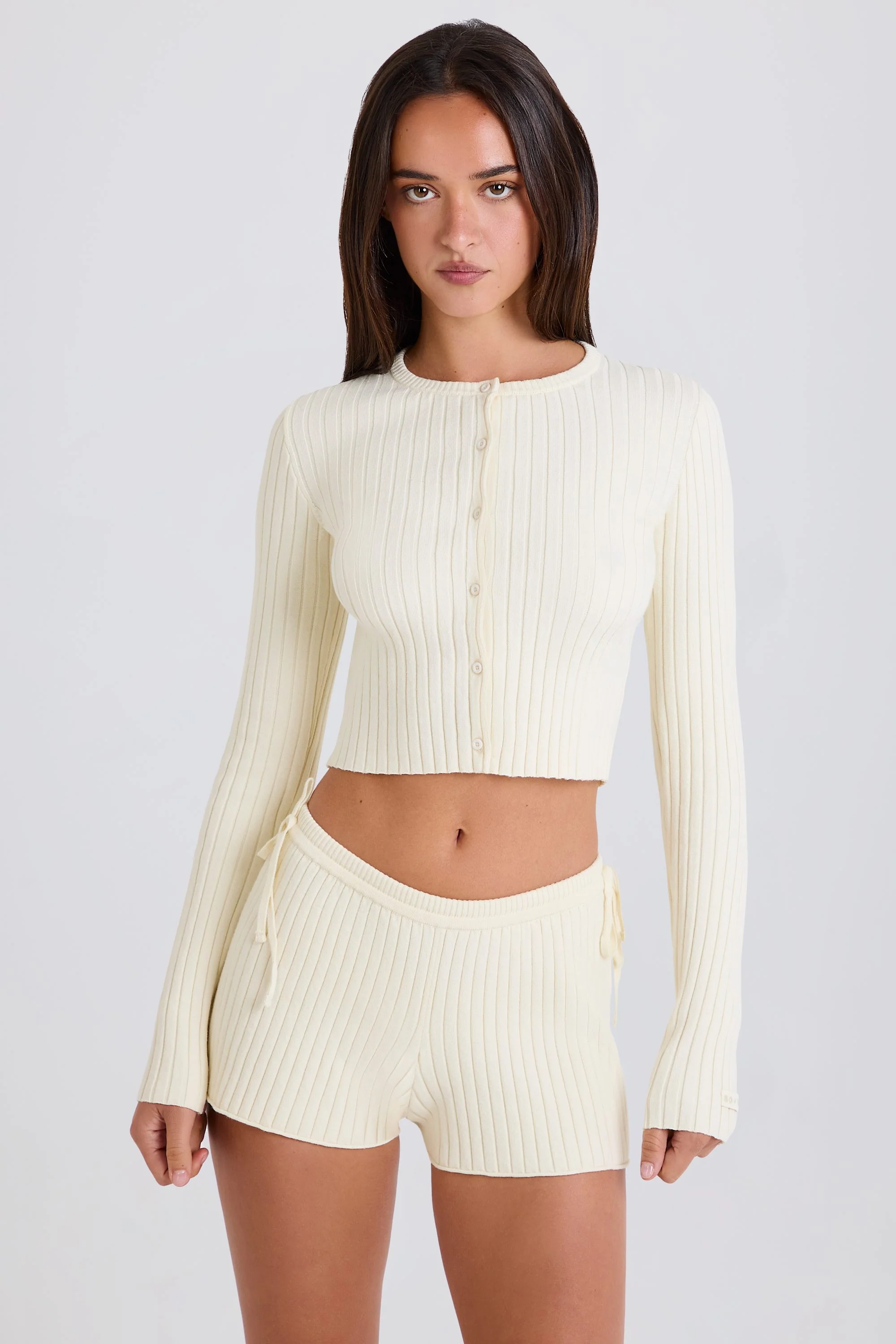 Ribbed Knit Tie Mini Shorts in Cream - Image 4