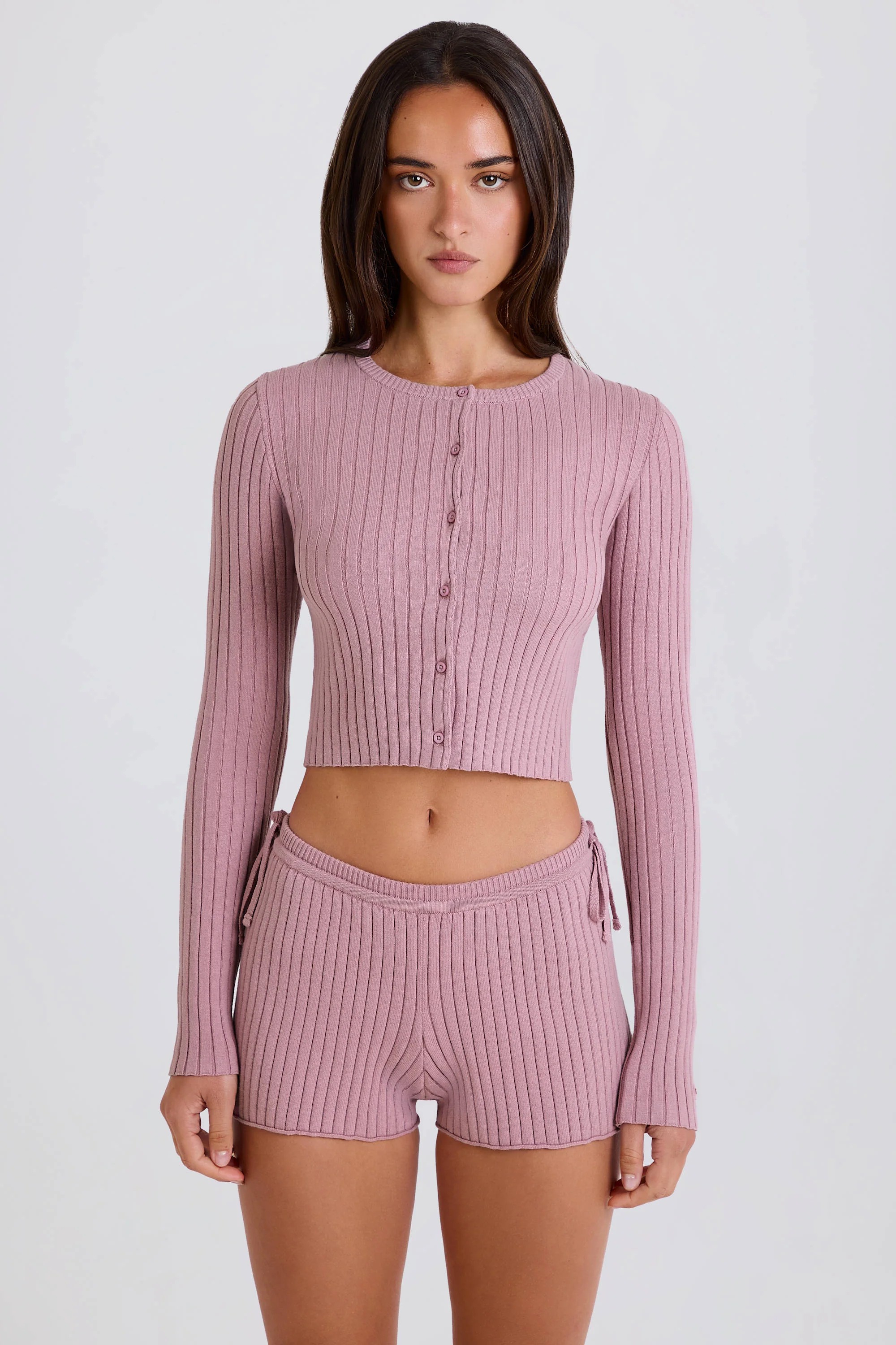 Ribbed Knit Tie Mini Shorts in Mauve - Image 4