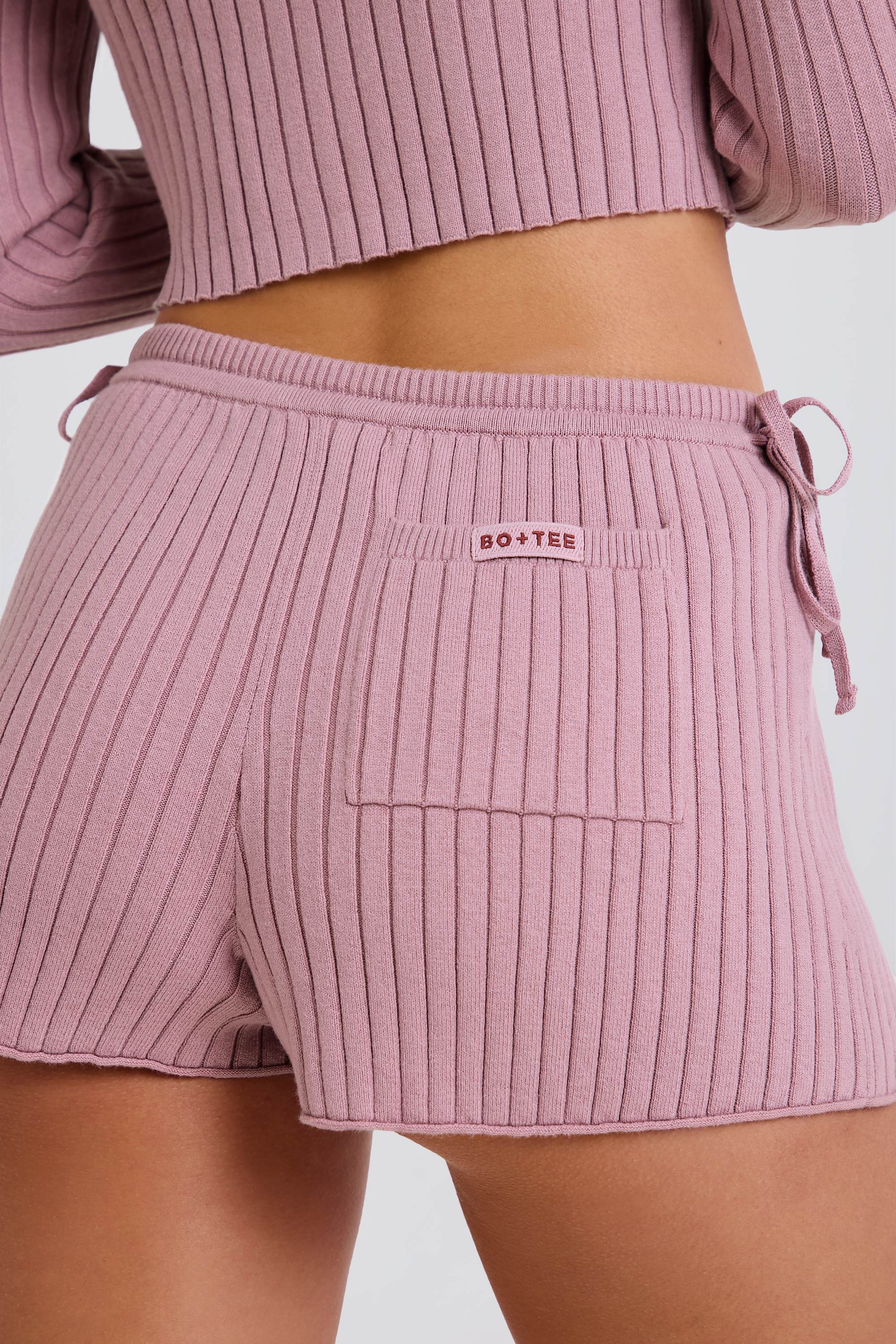 Ribbed Knit Tie Mini Shorts in Mauve - Image 5