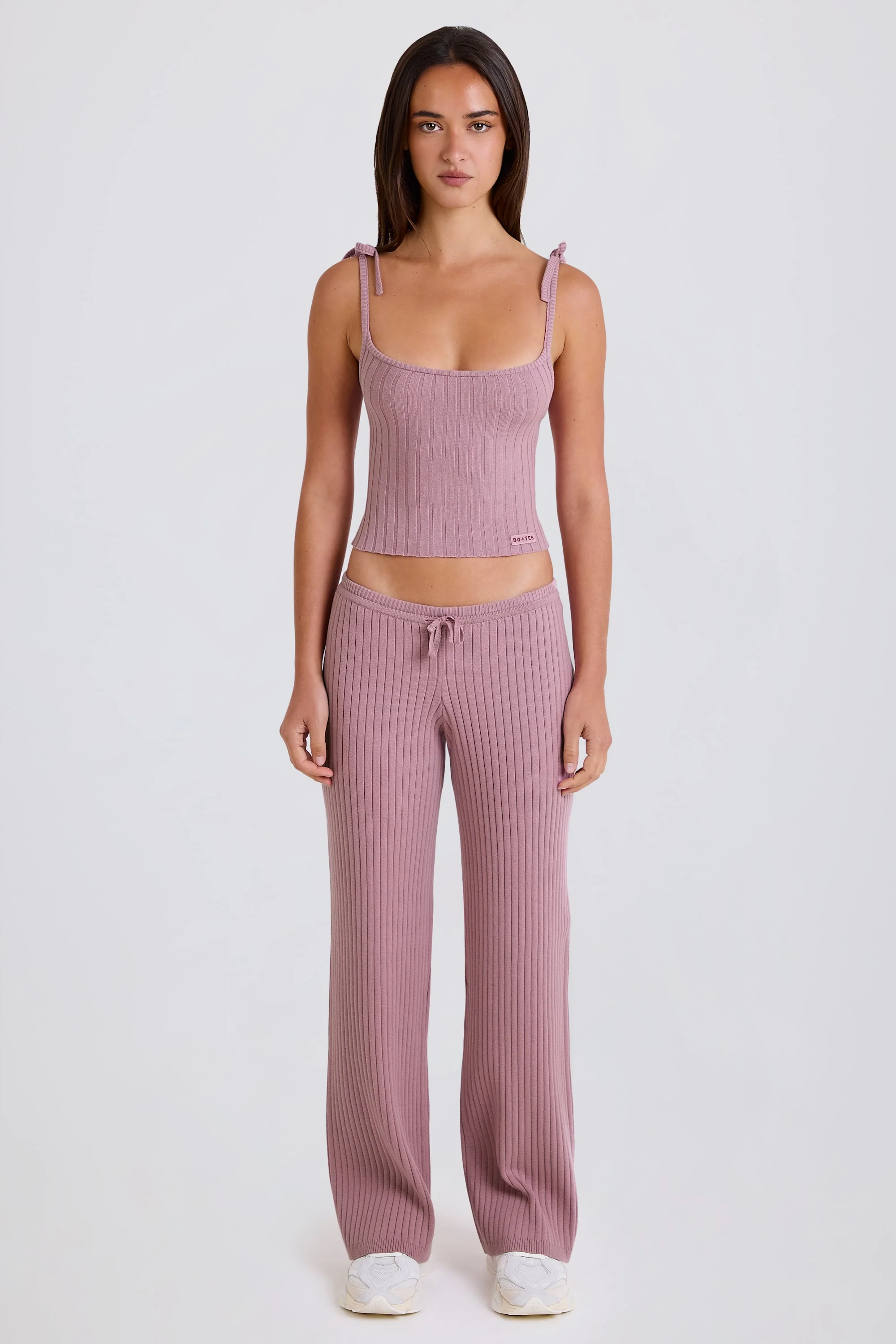 Ribbed Knit Wide-Leg Joggers in Mauve - Image 4