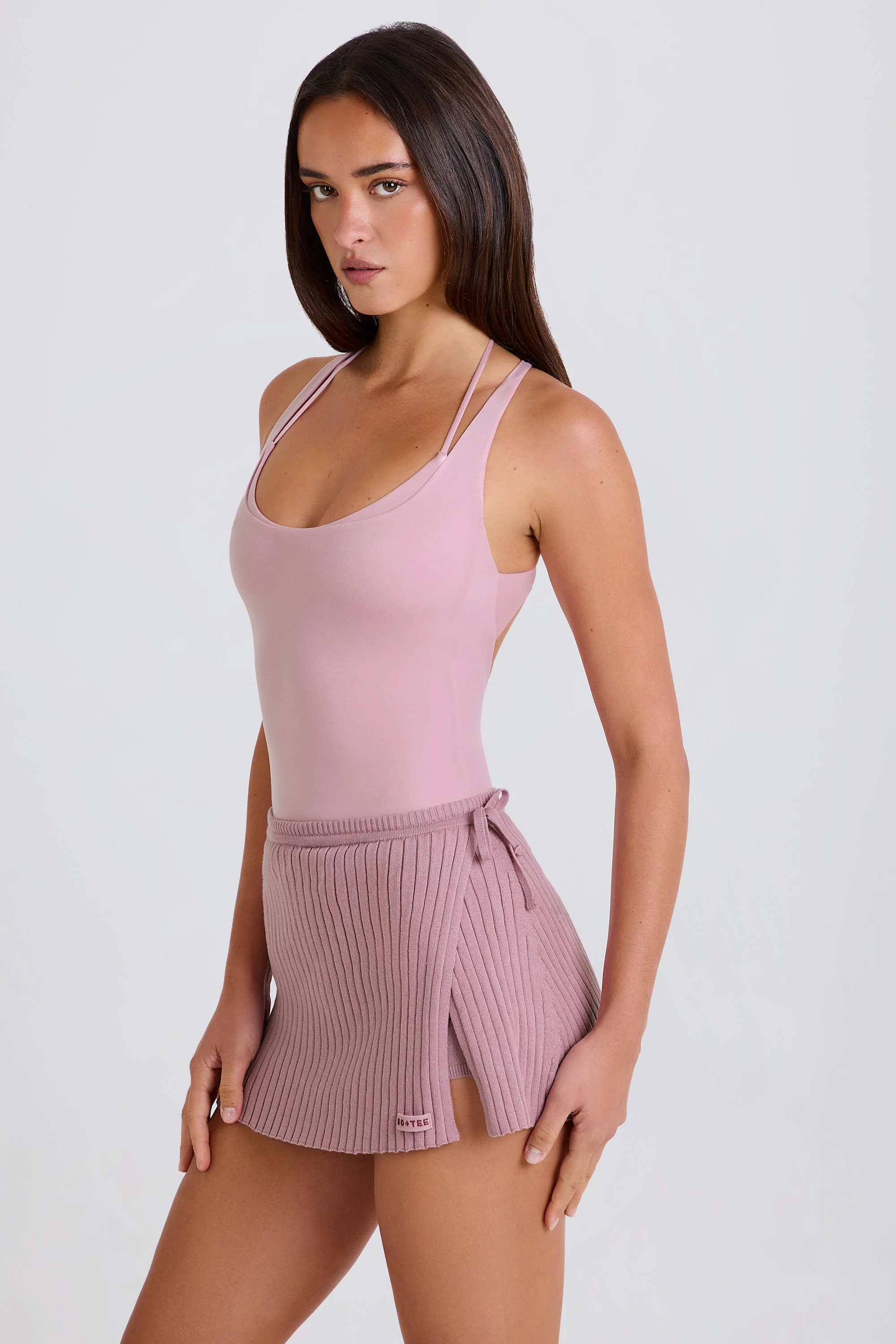 Ribbed Knit Tie Wrapover Skort in Mauve - Image 6