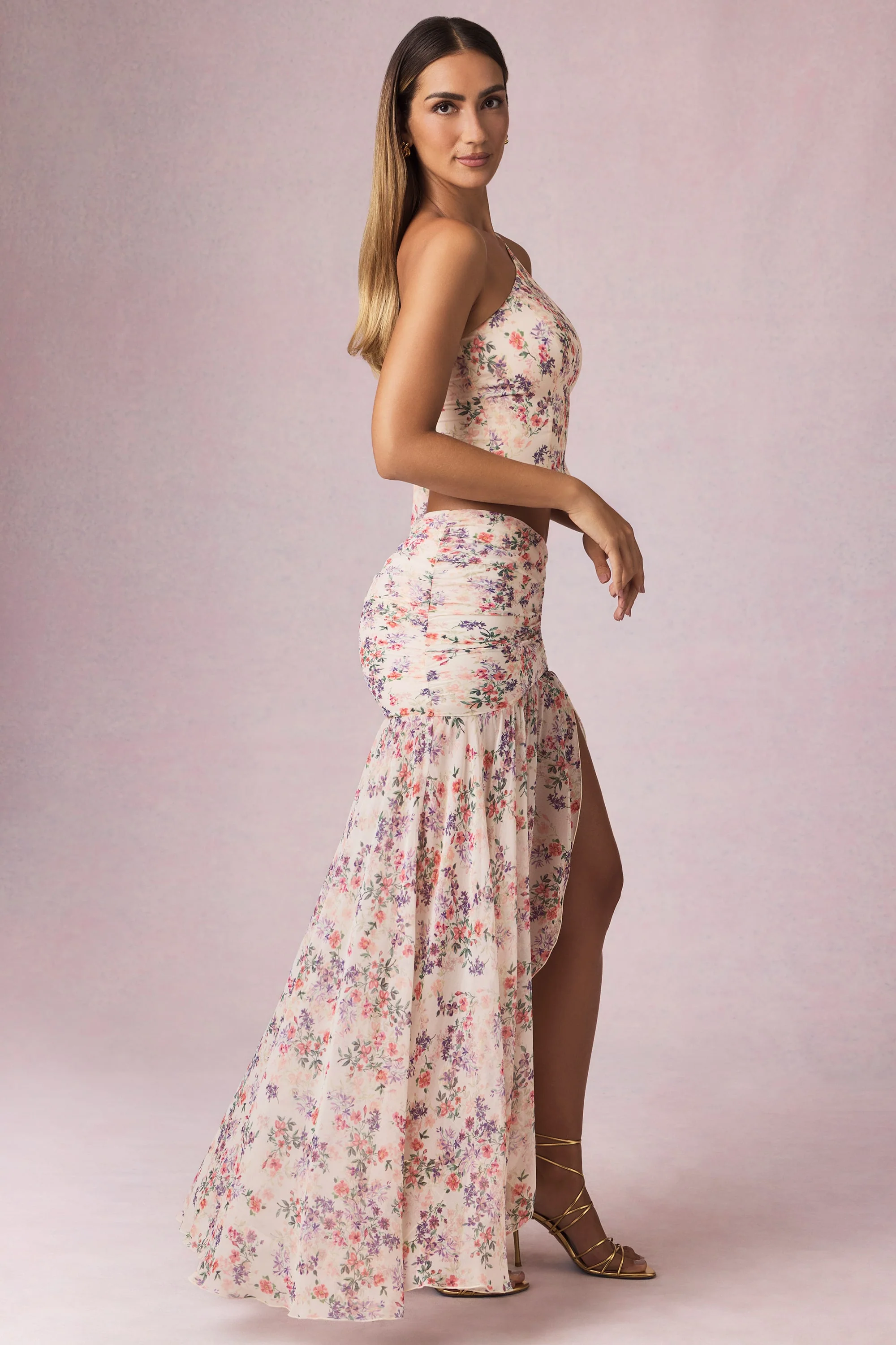 Asymmetric Ruched Maxi Skirt in Primrose Floral Print - Image 8