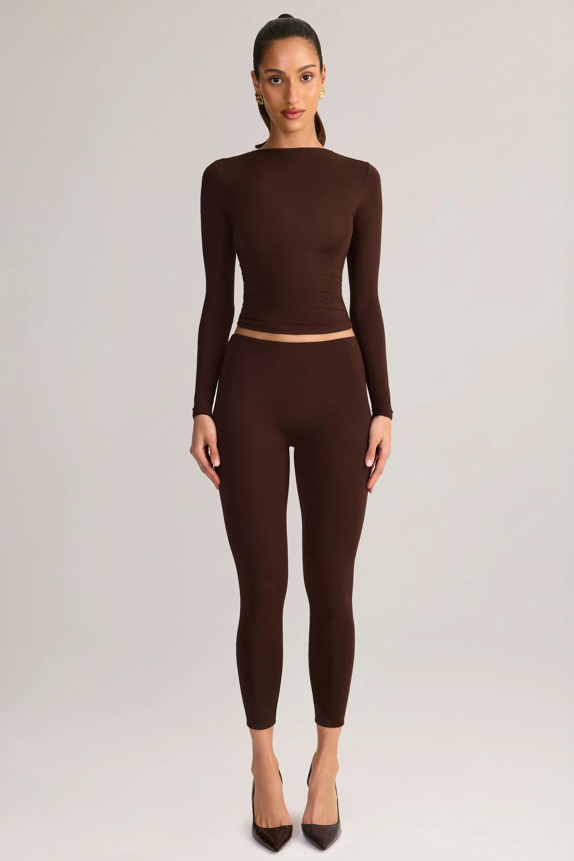 Modal Mid-Rise Cropped Leggings in Chocolate Brown - Image 6