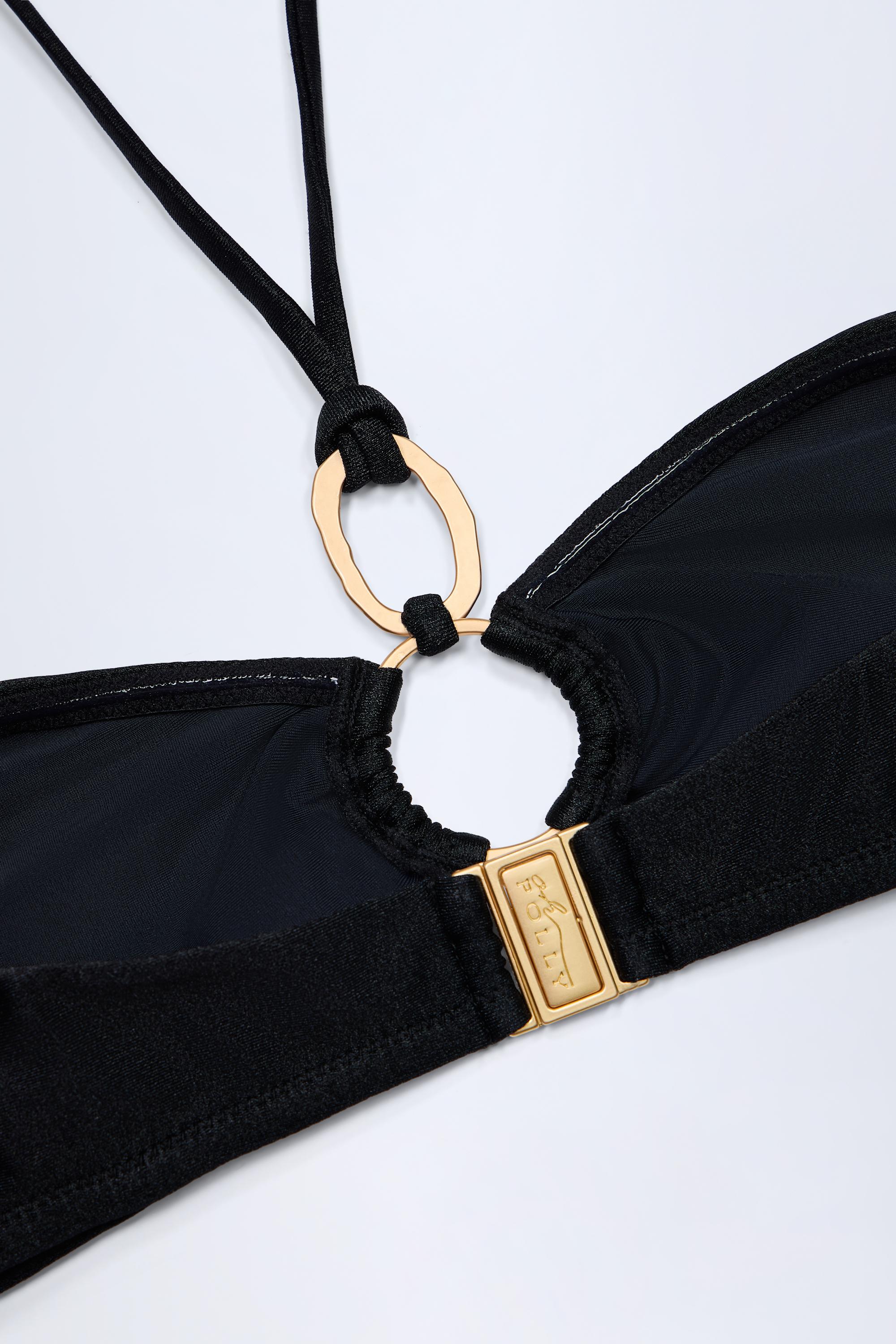 Hardware-Detail Ruched Halterneck Bikini Top in Black - Image 5