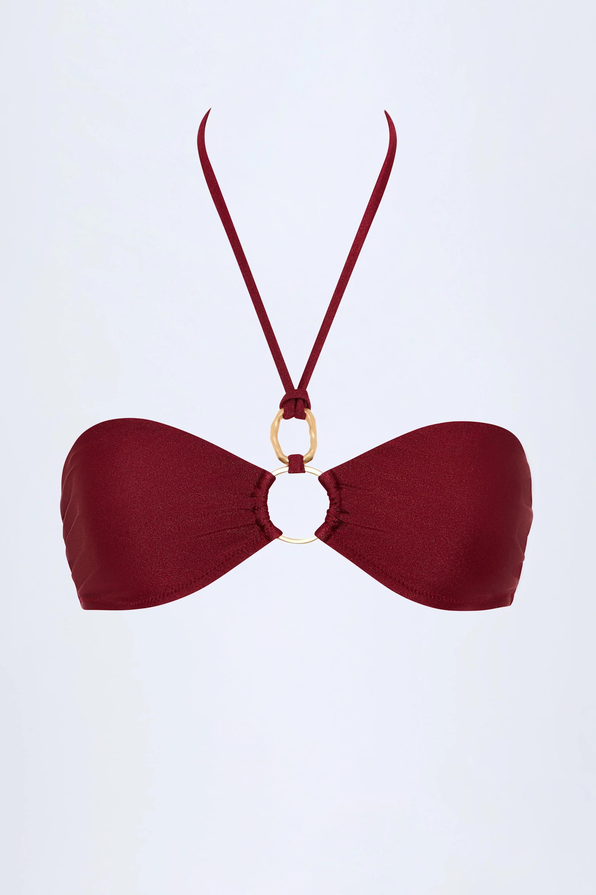 Hardware-Detail Ruched Halterneck Bikini Top in Dark Cherry - Image 3
