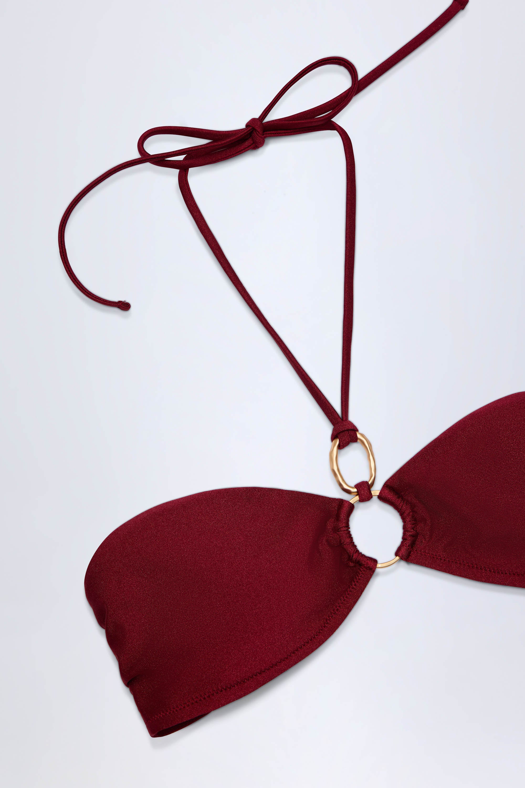 Hardware-Detail Ruched Halterneck Bikini Top in Dark Cherry - Image 6