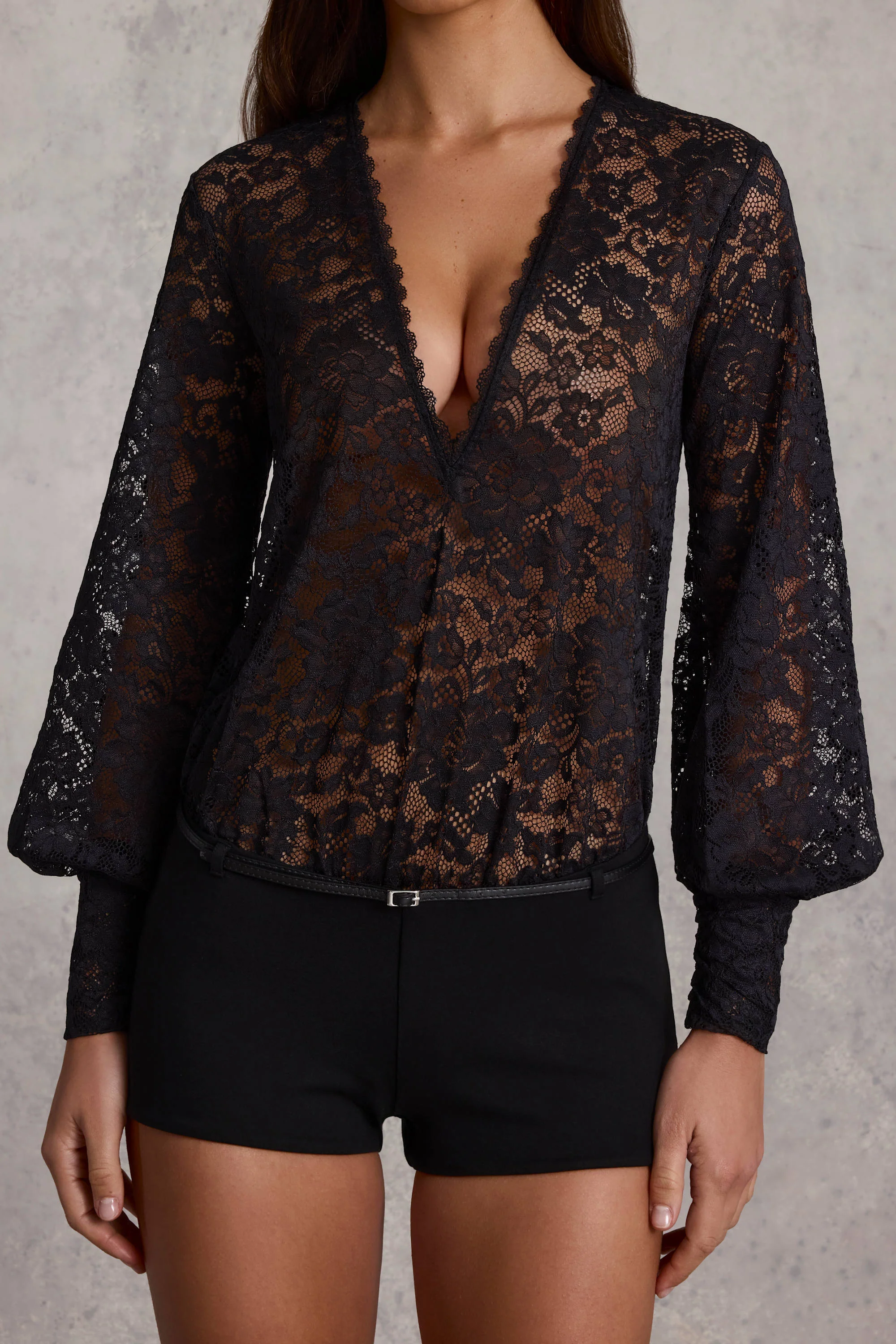 Sheer Lace Plunge-Neck Loose-Fit Playsuit in Black - Image 4