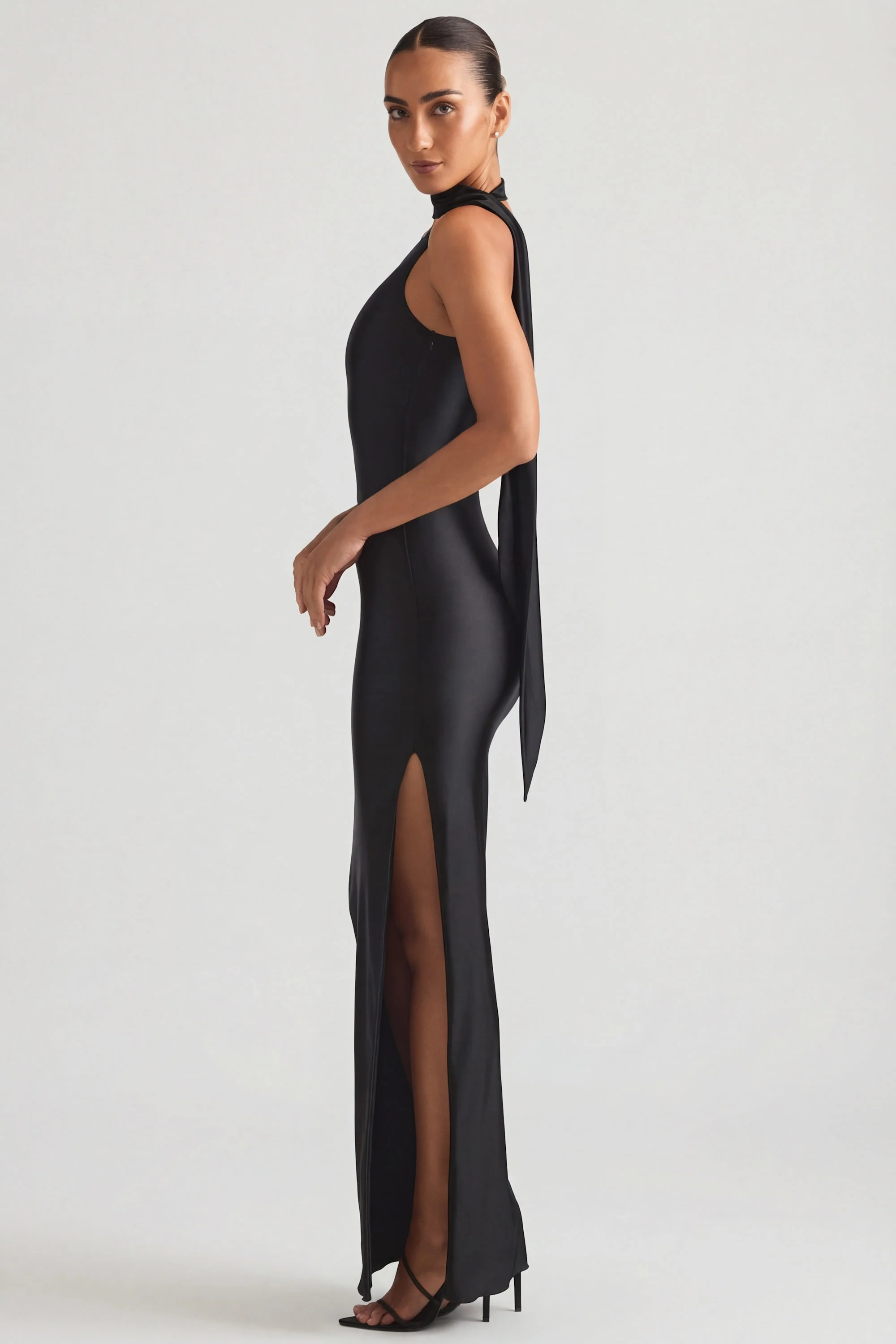 Asymmetric Scarf-Detail Maxi Dress in Black - Image 5