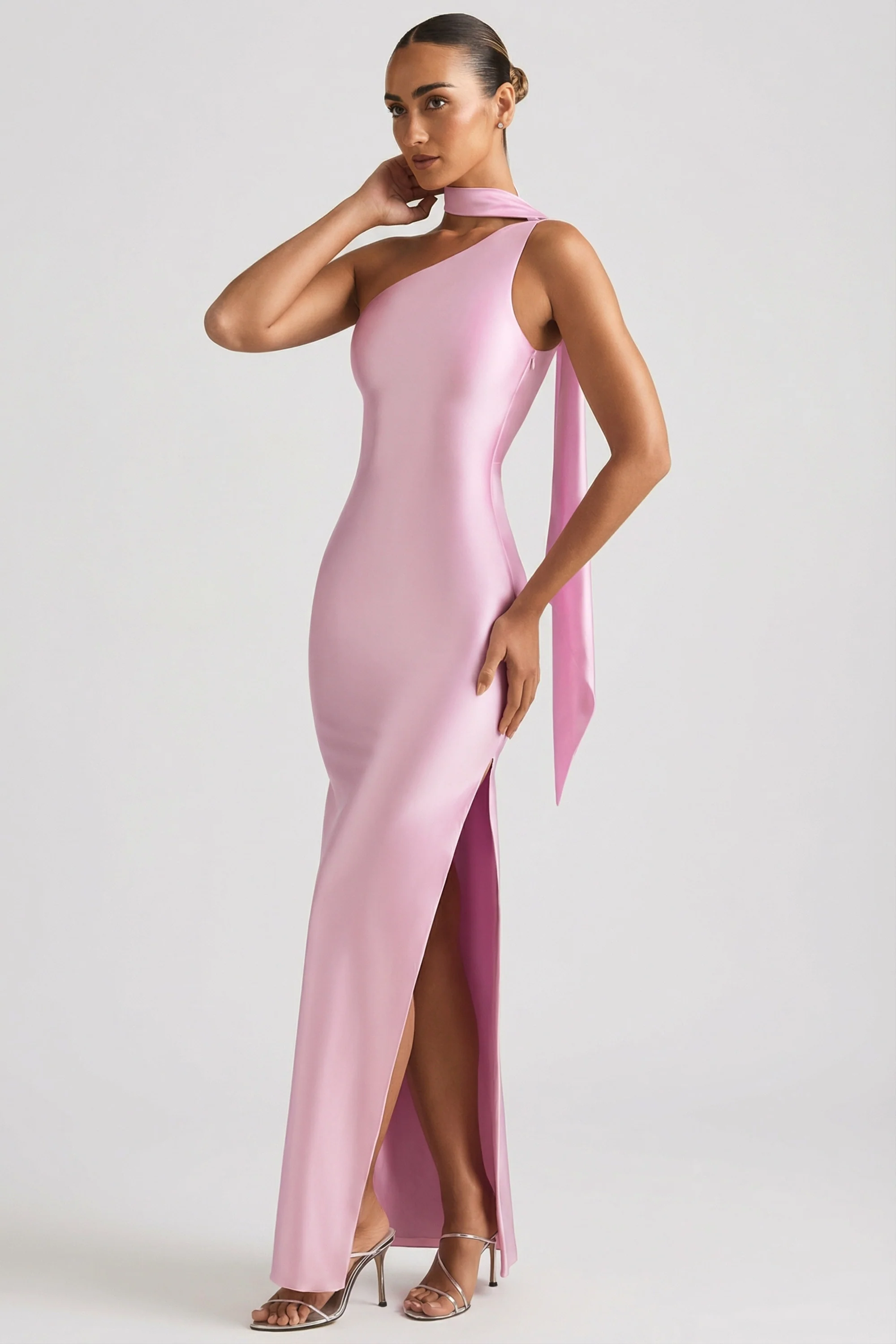 Asymmetric Scarf-Detail Maxi Dress in Soft Pink - Image 3