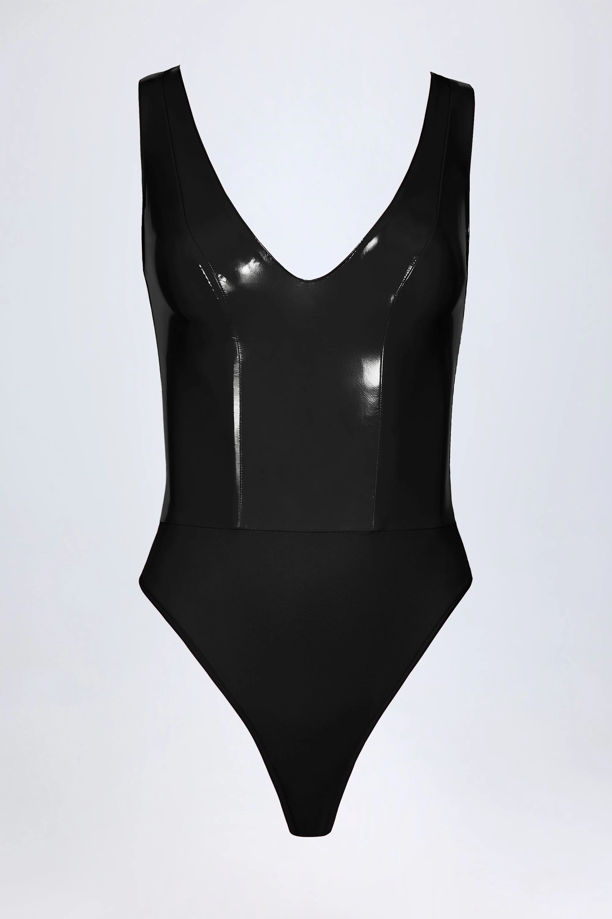 Glossy Vinyl Plunge-Neck Bodysuit in Black - Image 5