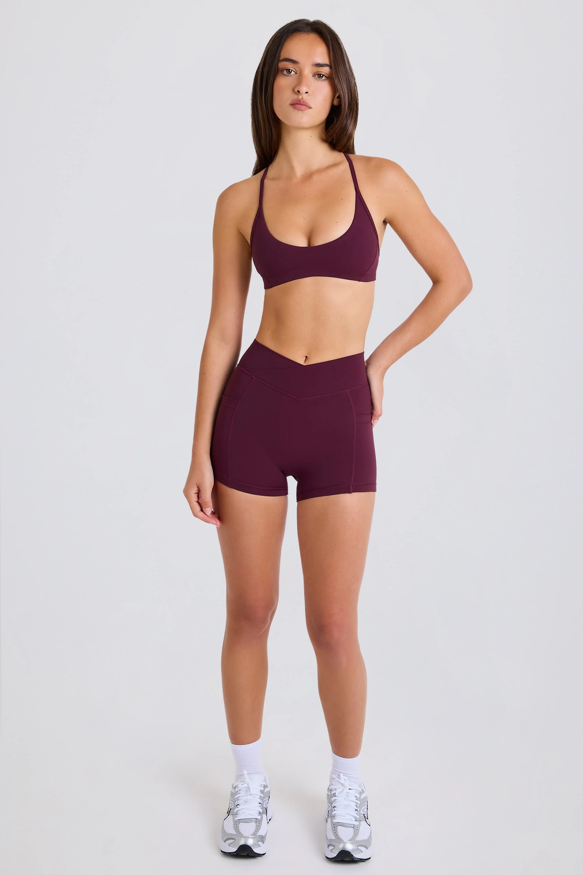 Soft Active V-Waist Pocket Mini Shorts in Burgundy - Image 5