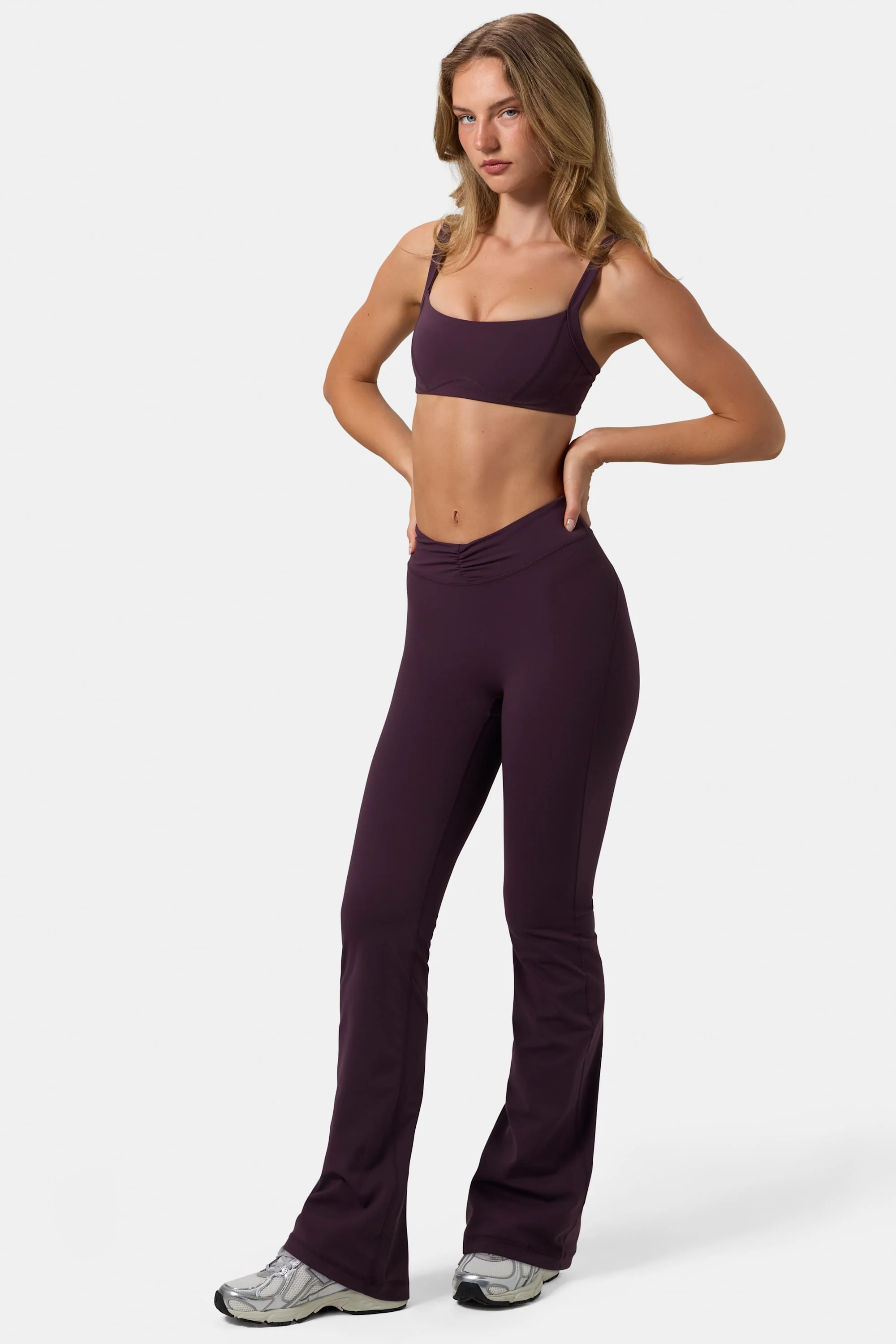 Soft Active Ruched Flared Trousers in Plum - Image 3