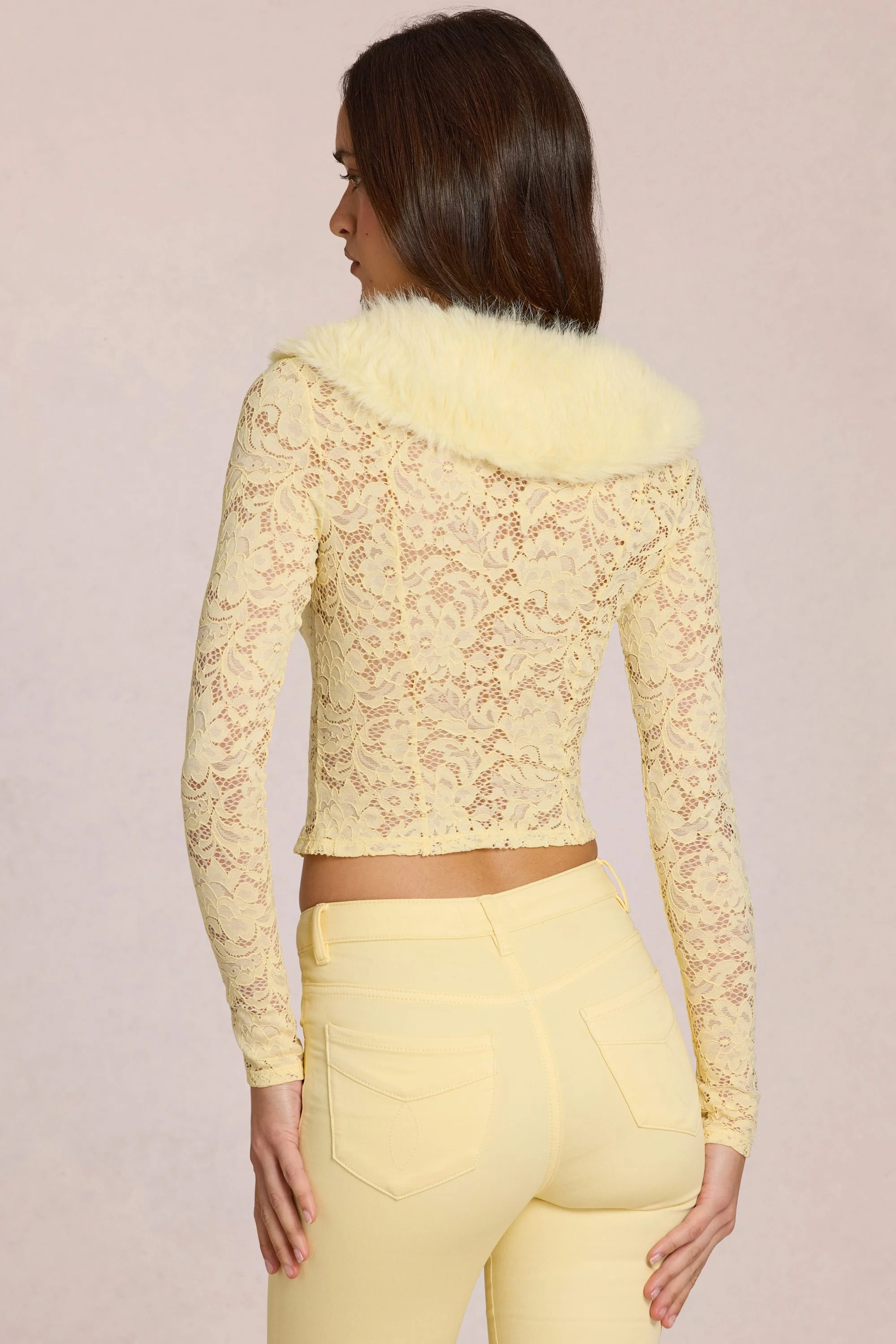 Lace Faux-Fur-Trim Cardigan in Lemon Yellow - Image 2