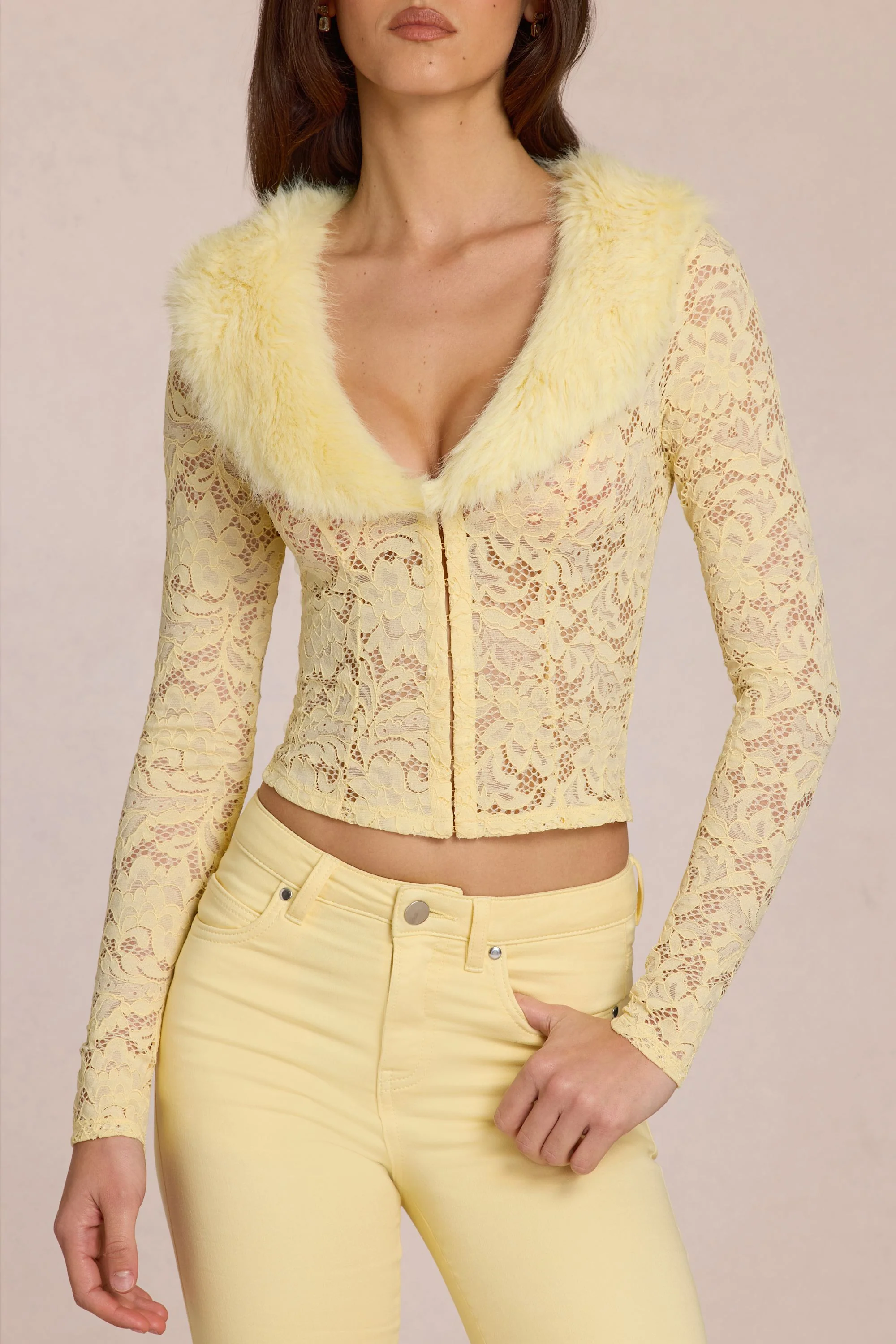 Lace Faux-Fur-Trim Cardigan in Lemon Yellow - Image 4
