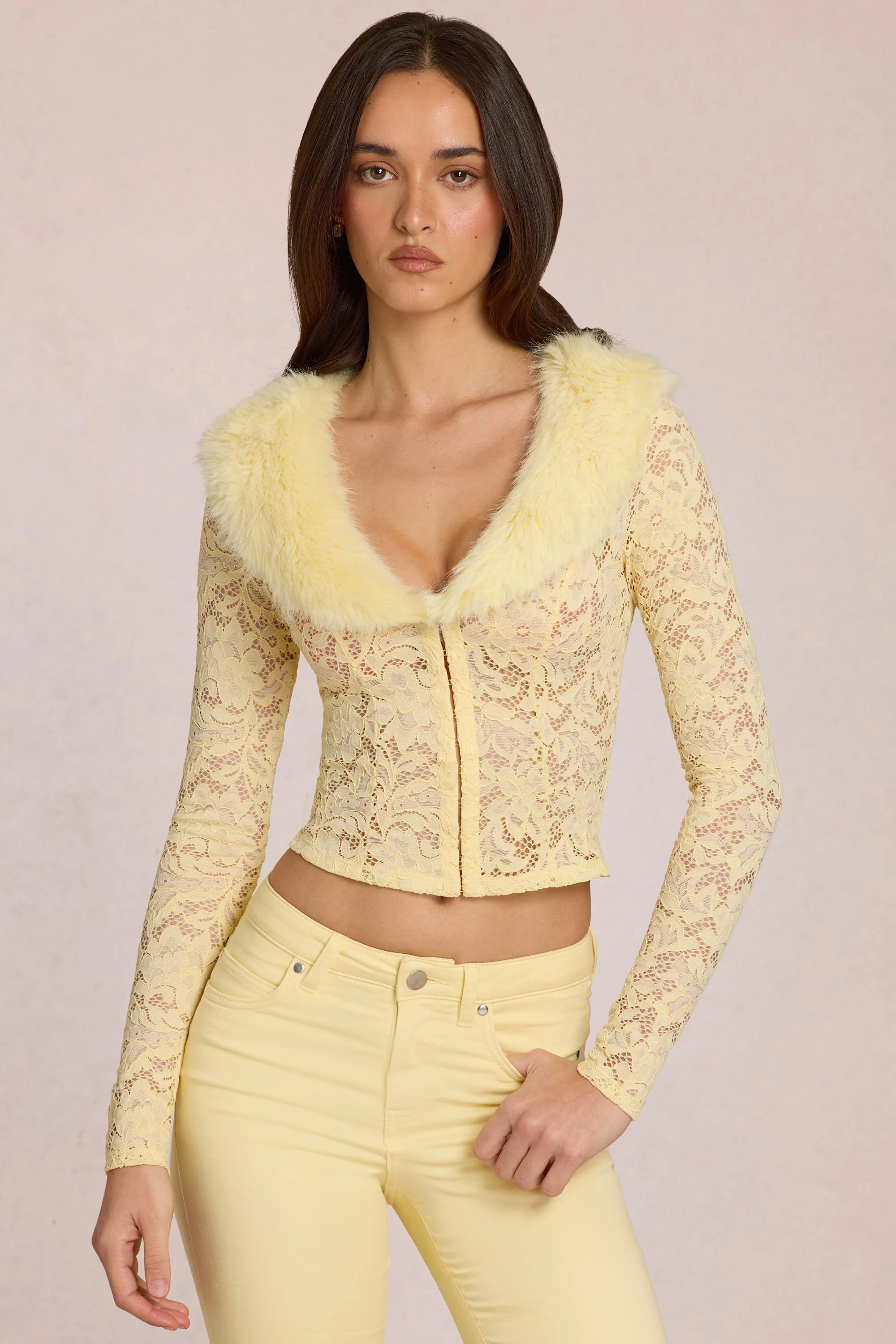 Lace Faux-Fur-Trim Cardigan in Lemon Yellow - Image 5
