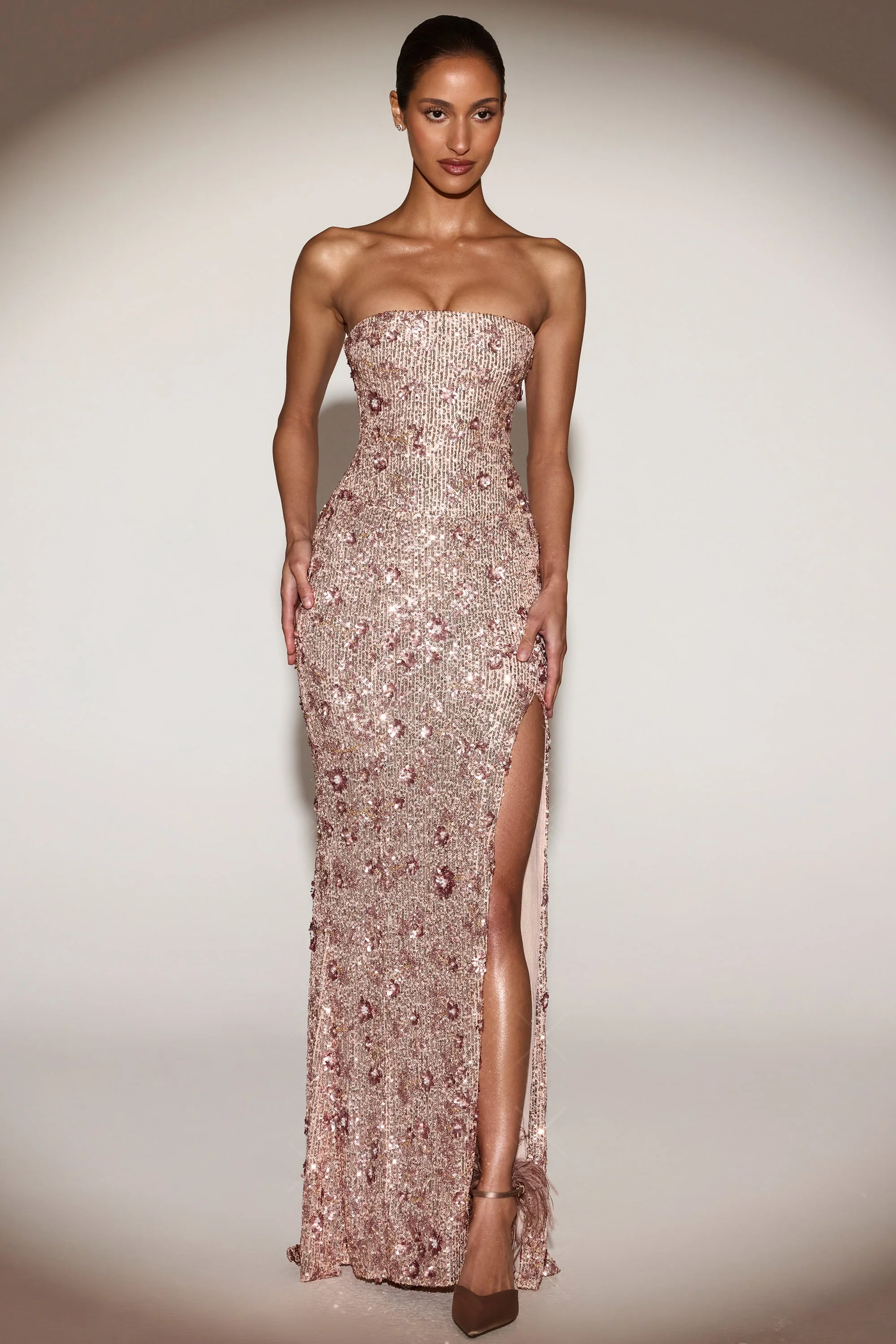 Embellished Bandeau-Neck Strapless Gown in Rose Gold - Image 10