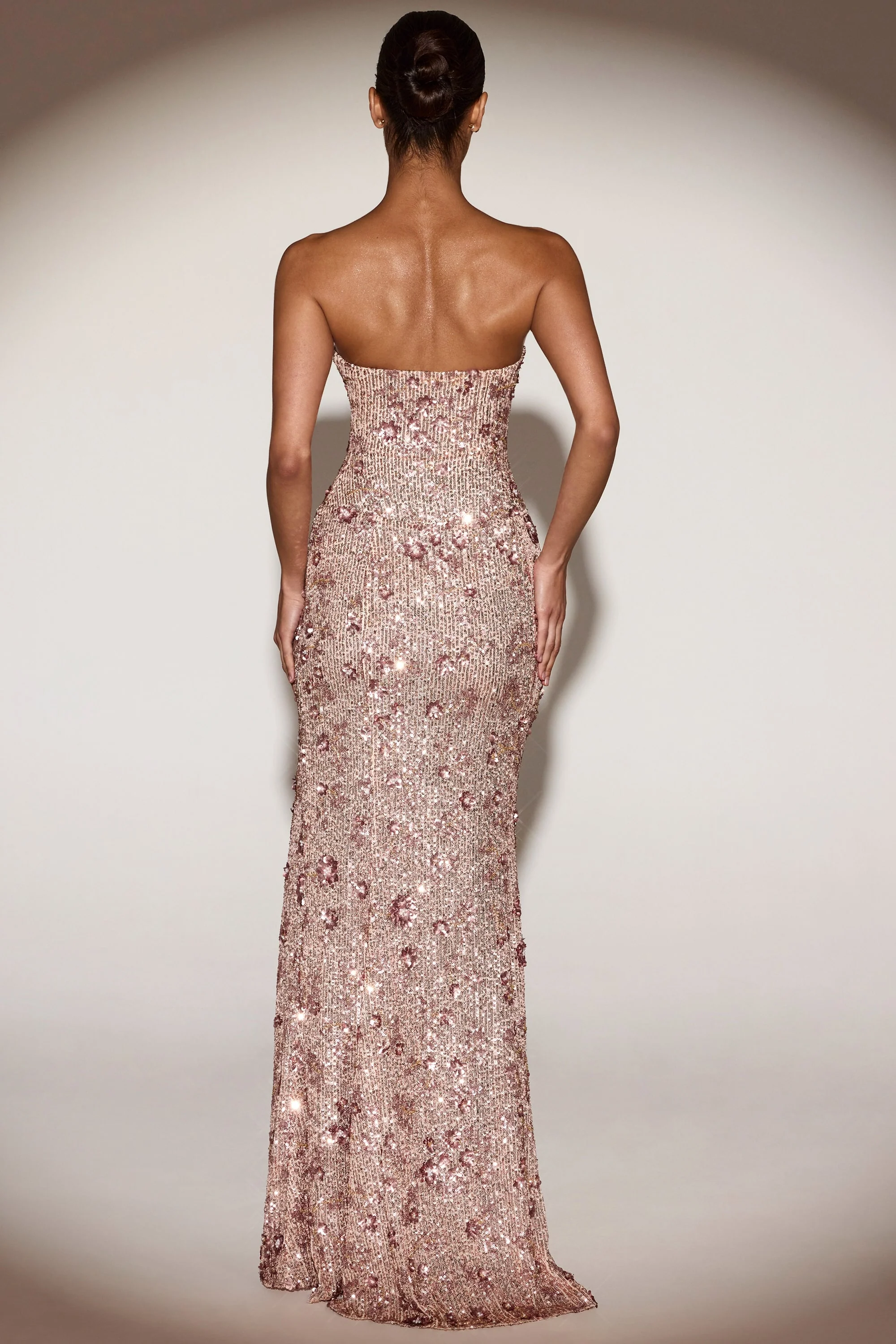 Embellished Bandeau-Neck Strapless Gown in Rose Gold - Image 3