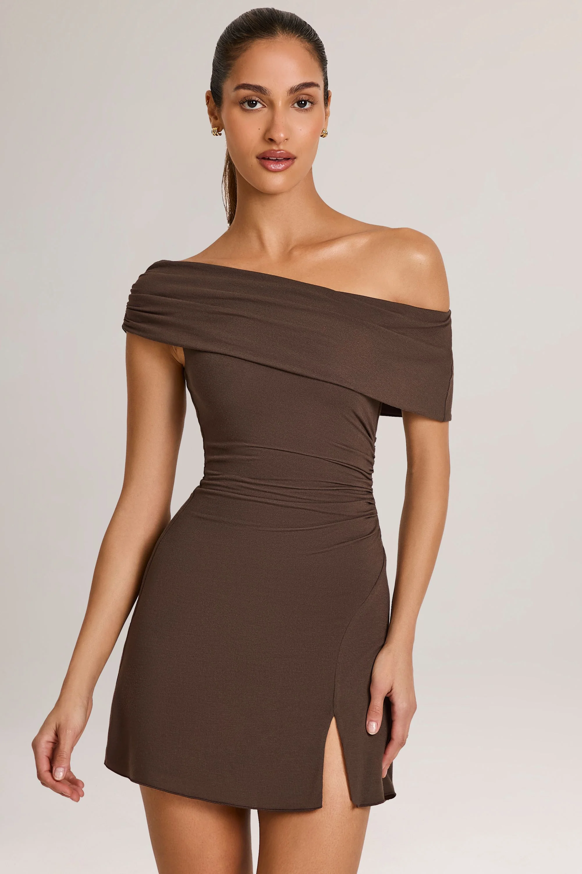 Modal Asymmetric A-Line Mini Dress in Chocolate Brown - Image 5