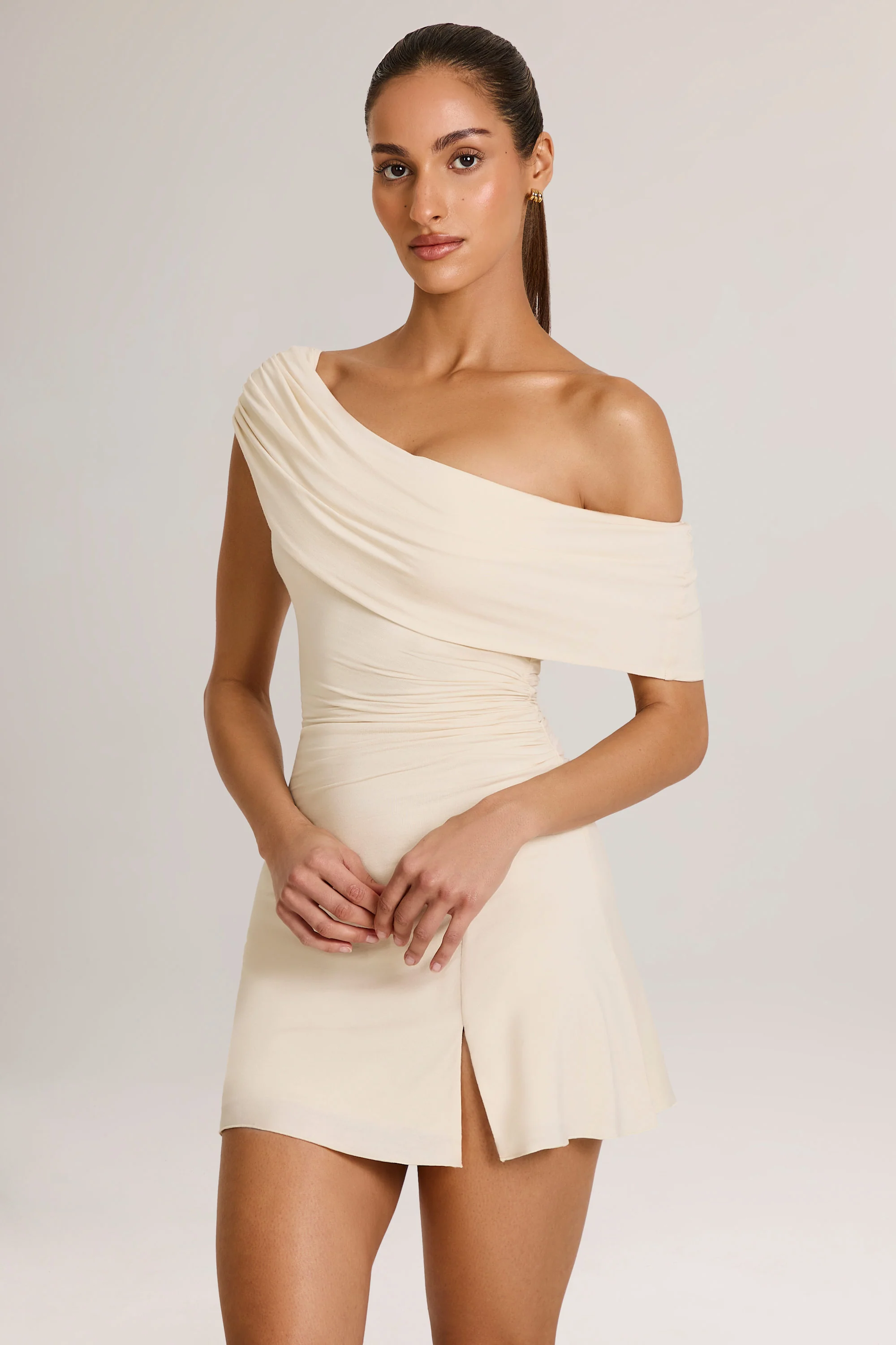 Modal Asymmetric A-Line Mini Dress in Ivory - Image 4