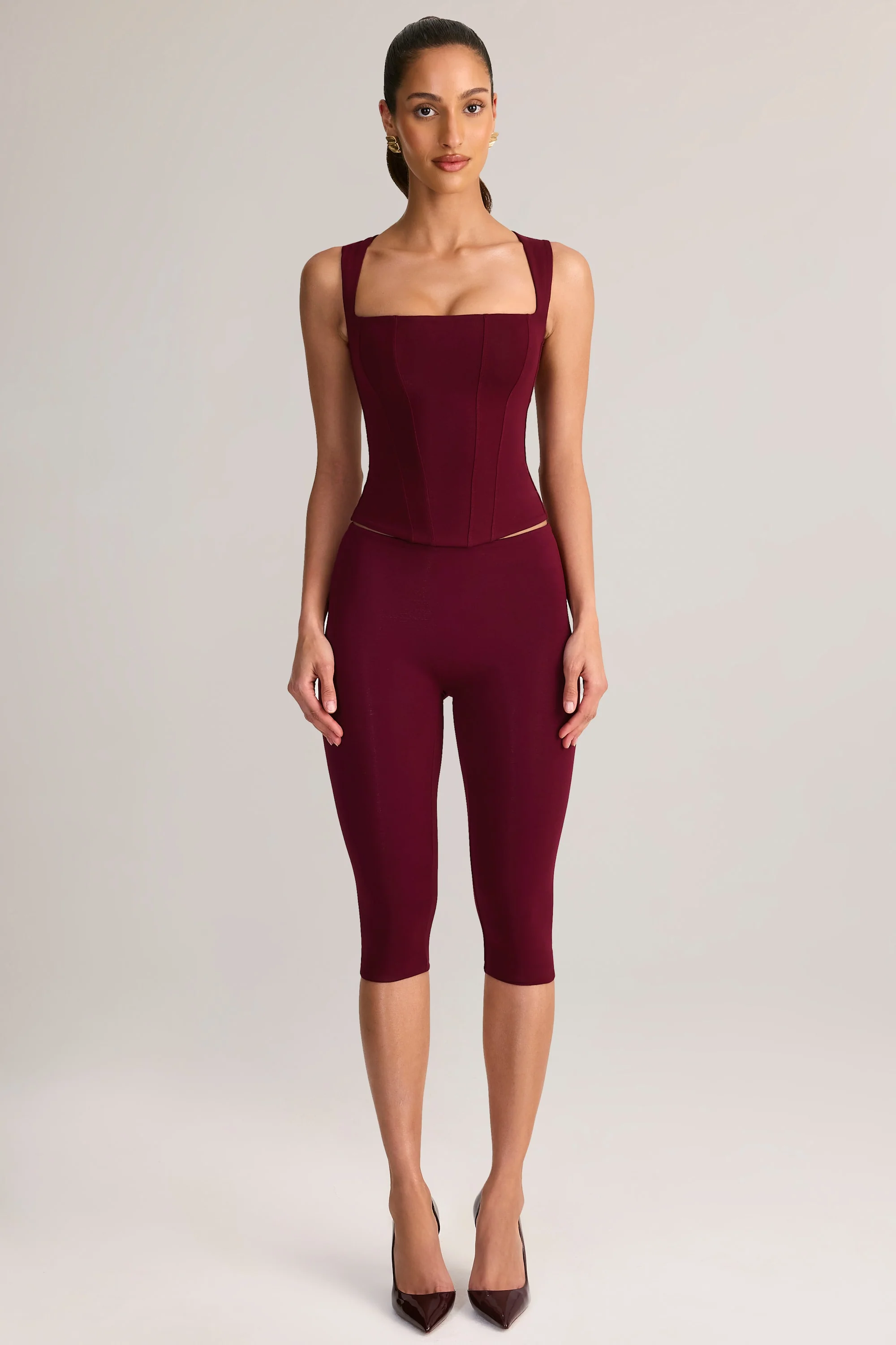 Modal Mid-Rise Capri Leggings in Wine - Image 4