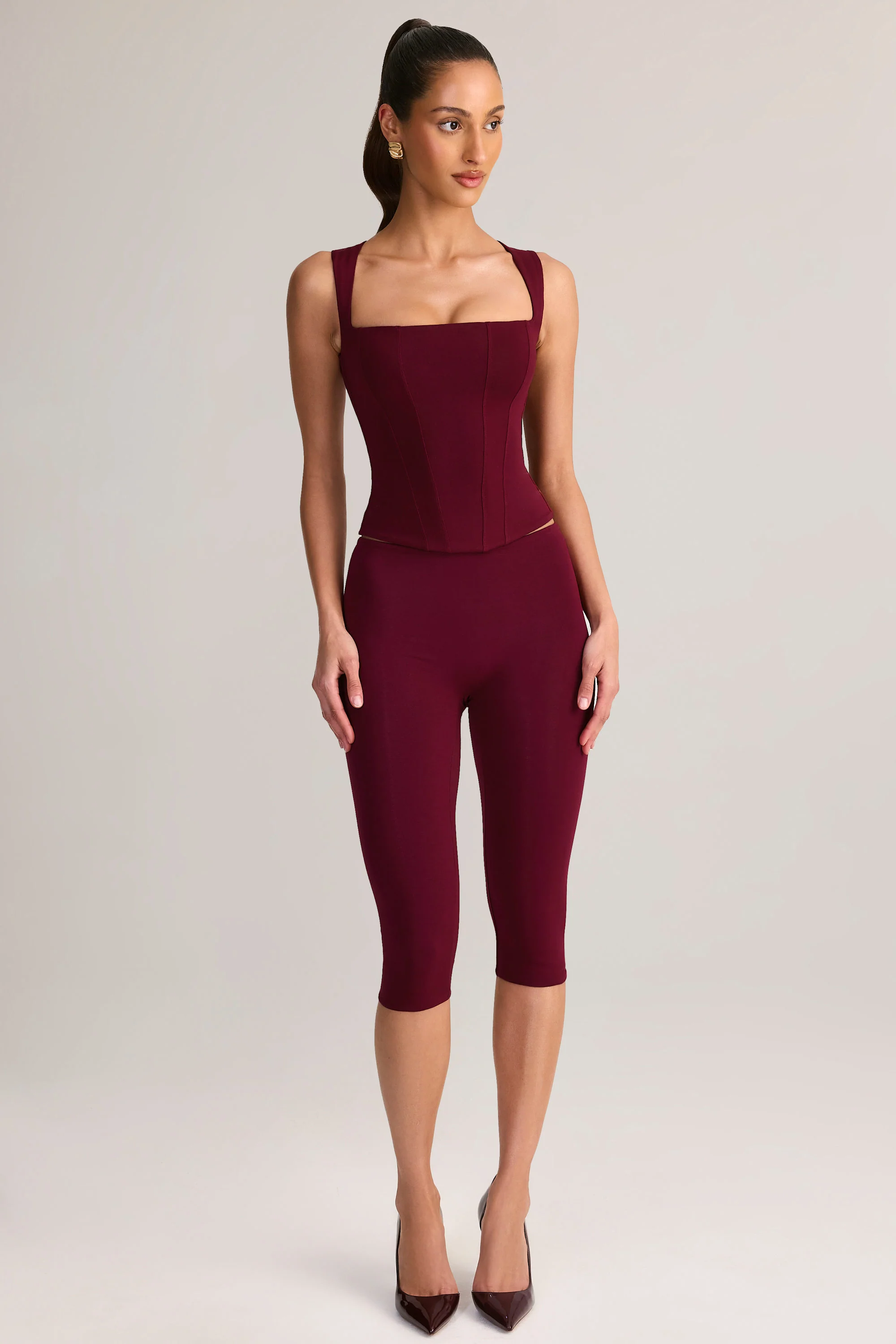 Modal Mid-Rise Capri Leggings in Wine - Image 5