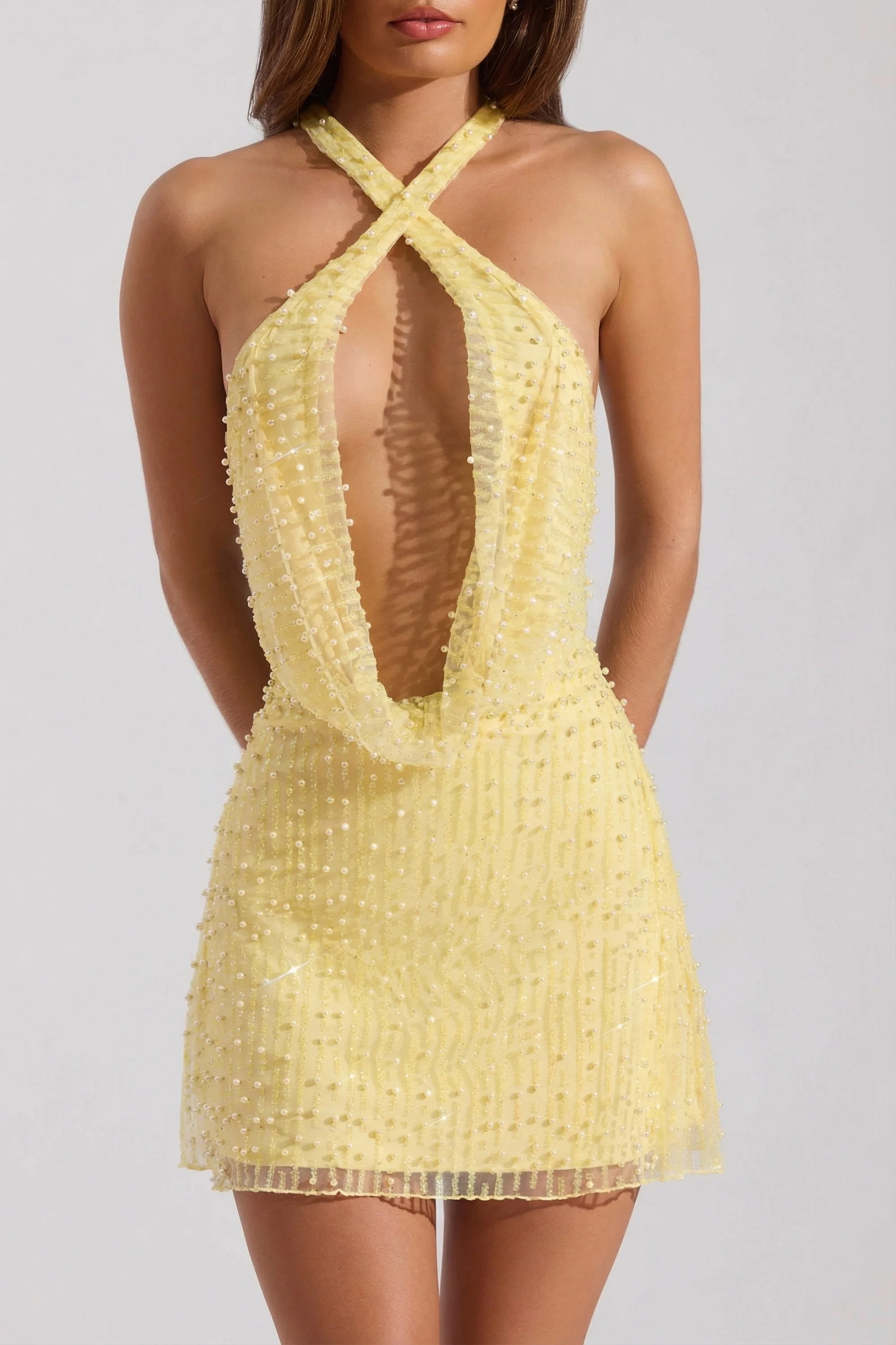 Embellished Cowl-Neck Backless Mini Dress in Yellow - Image 4