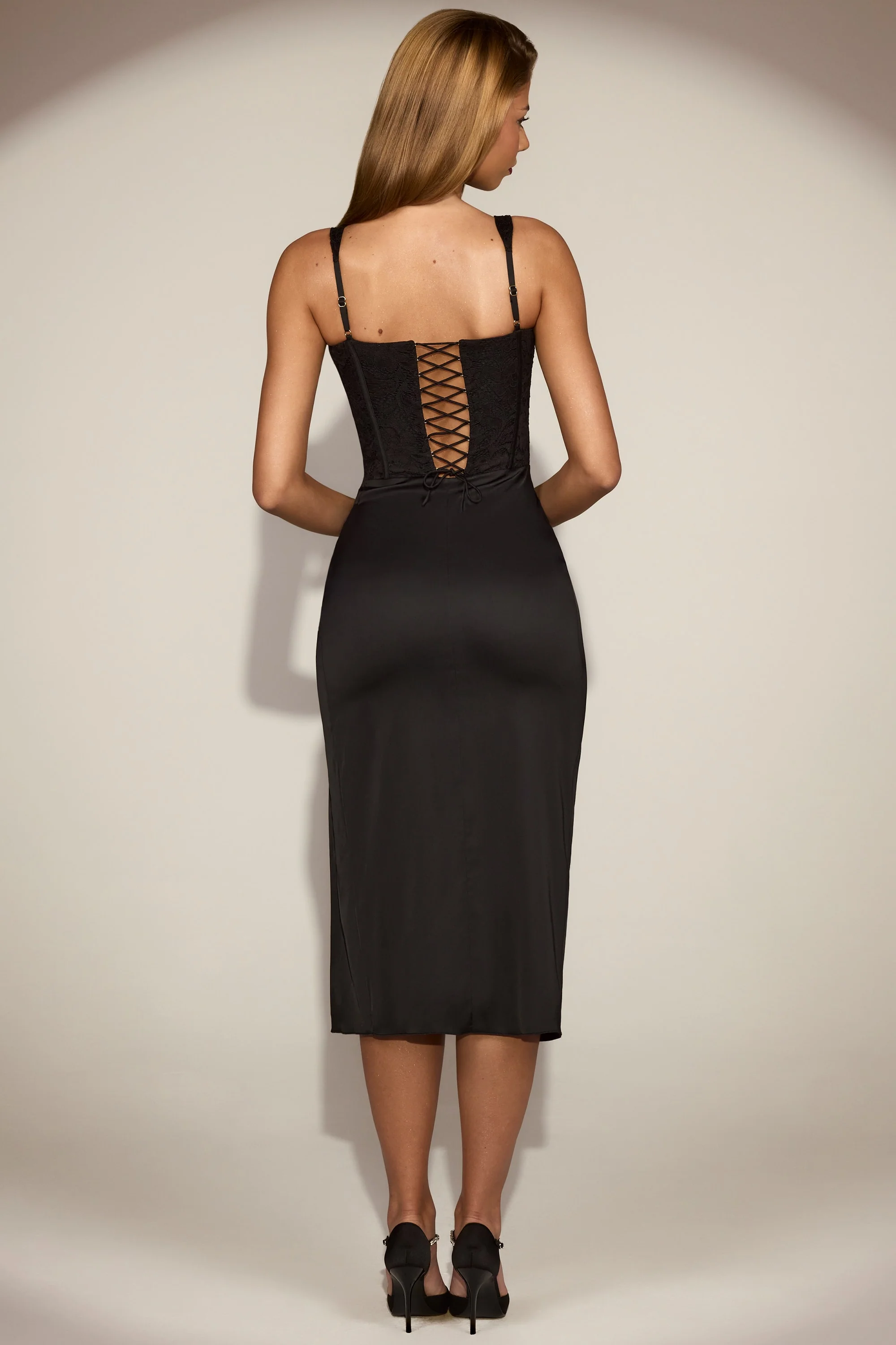 Lace Soft-Scoop Corset Satin Midaxi Dress in Black - Image 6