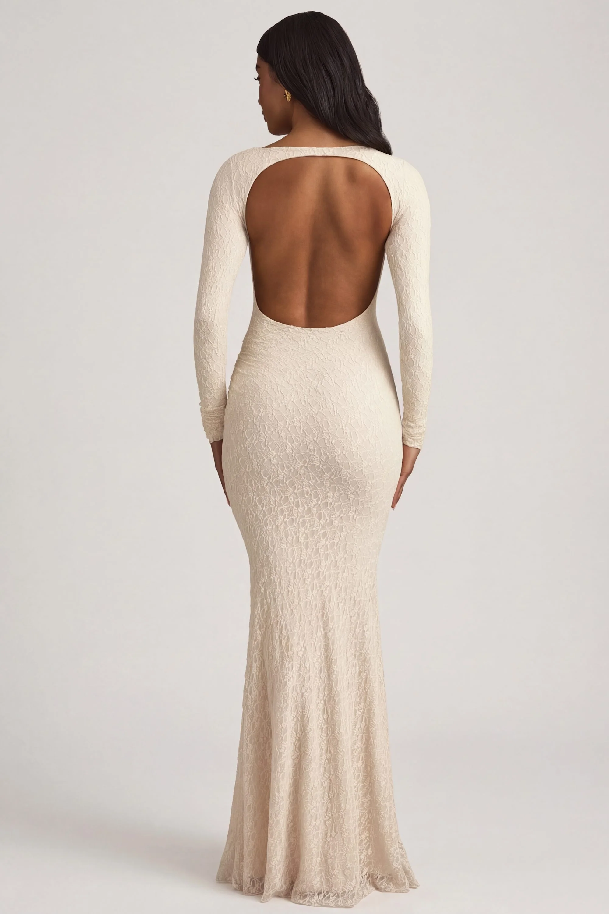 Ruched Backless Lace Maxi Dress in Ivory - Image 6