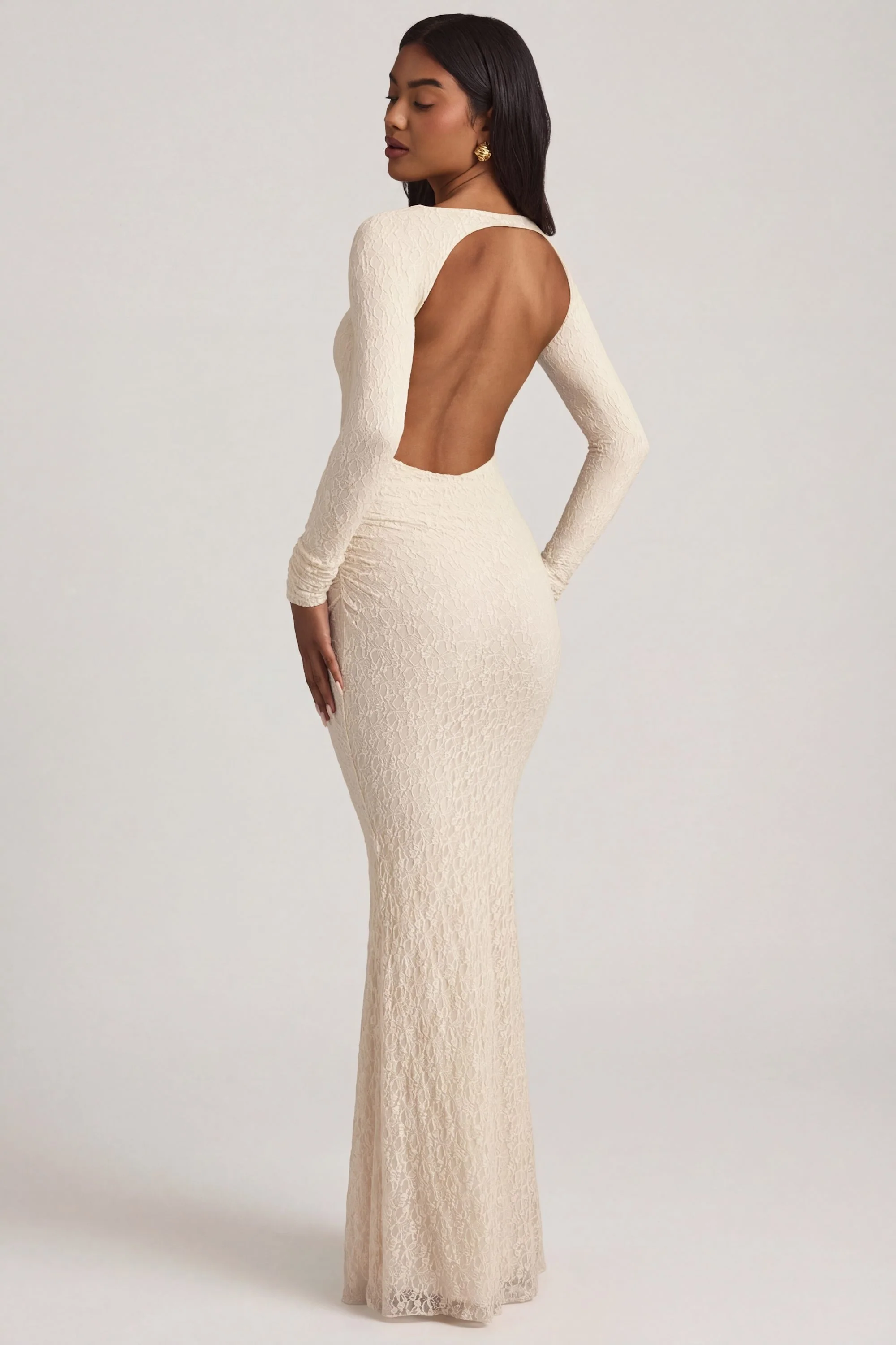 Ruched Backless Lace Maxi Dress in Ivory - Image 8