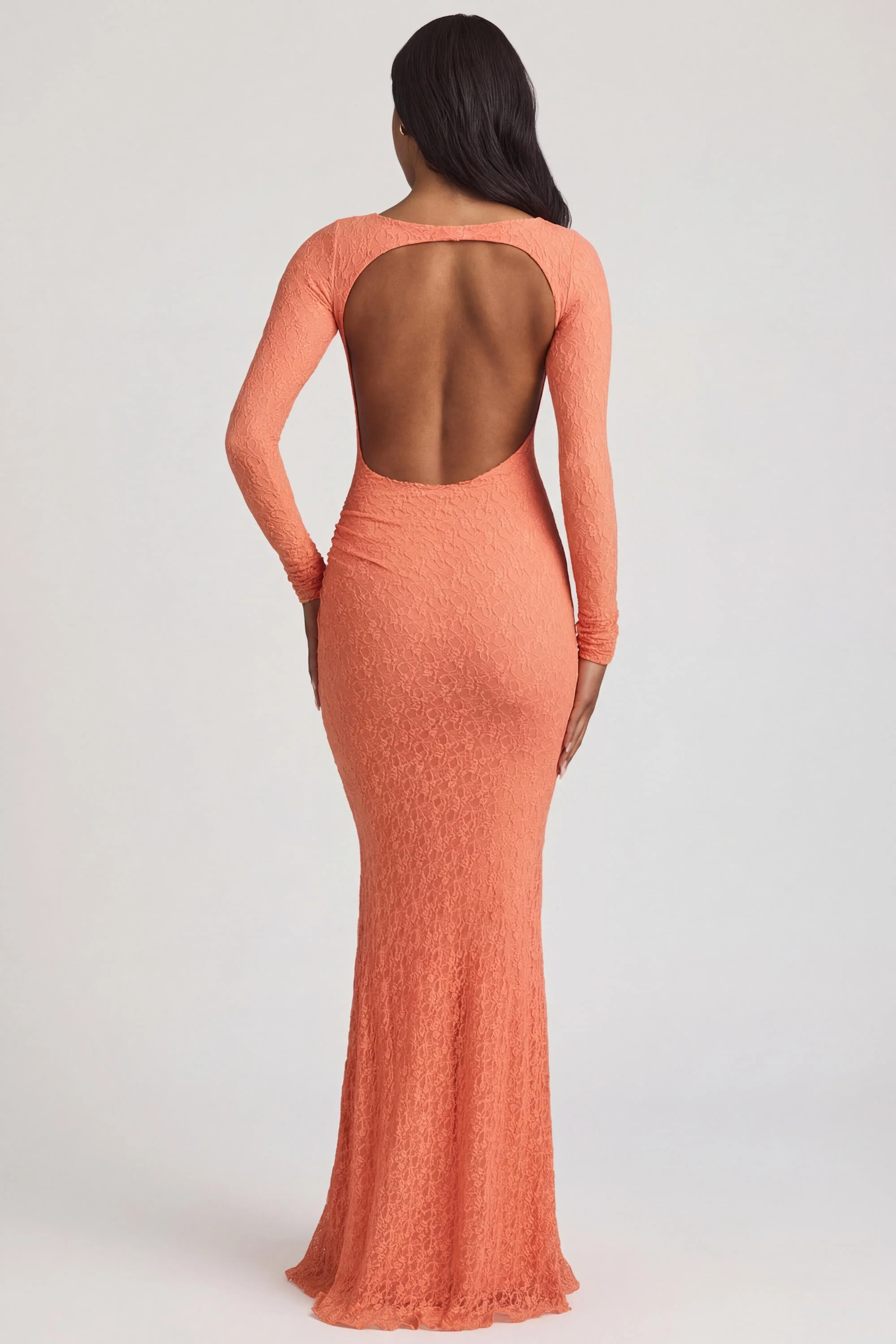 Ruched Backless Lace Maxi Dress in Peach - Image 6