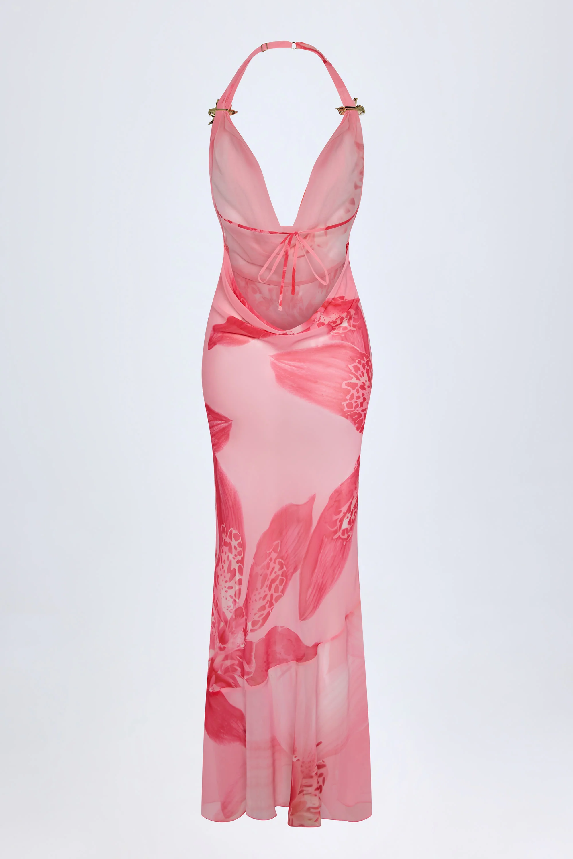 Cowl-Neck Hardware-Detail Maxi Dress in Pink Orchid Print - Image 4