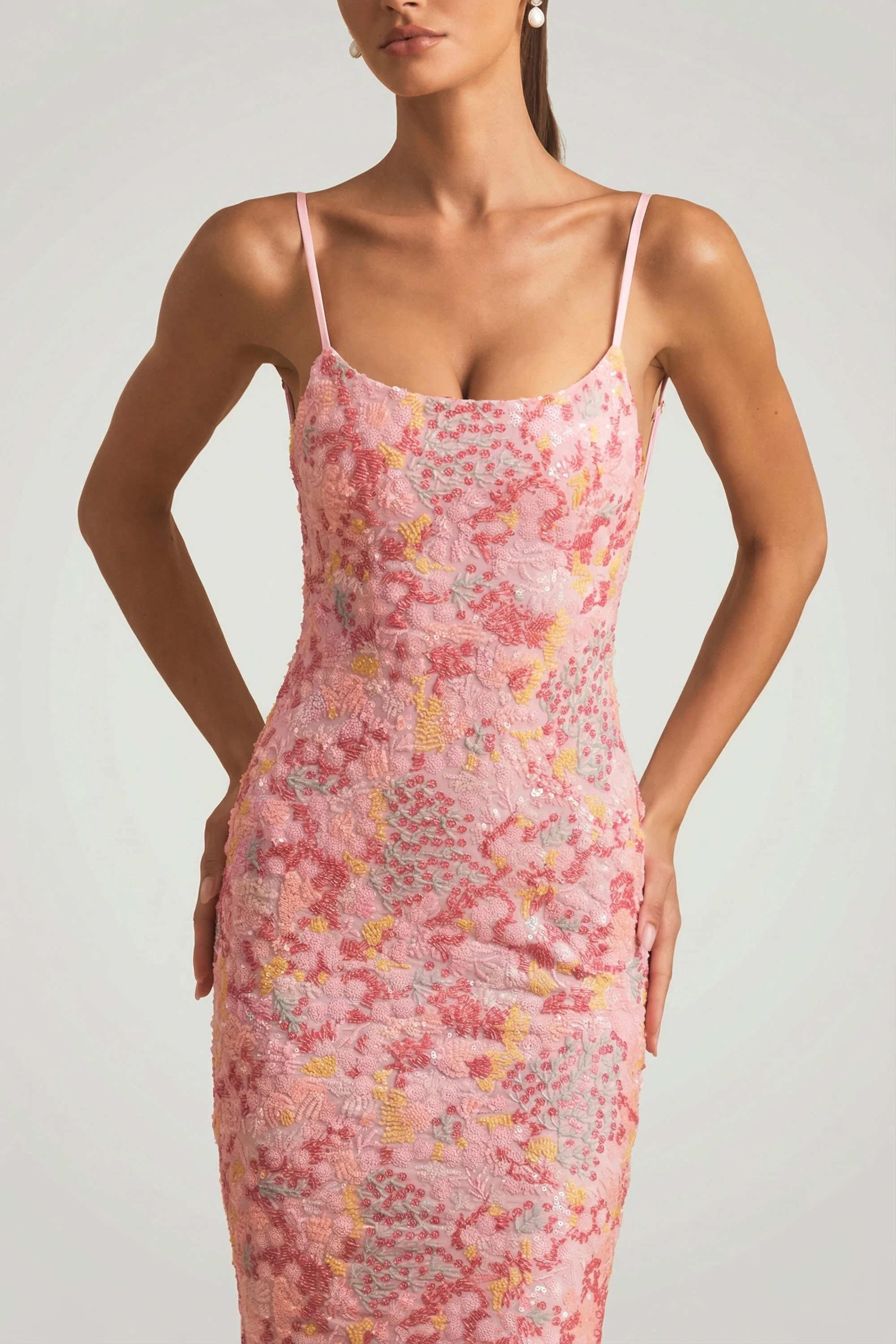 Embellished Scoop-Neck Backless Maxi Dress in Pink - Image 3