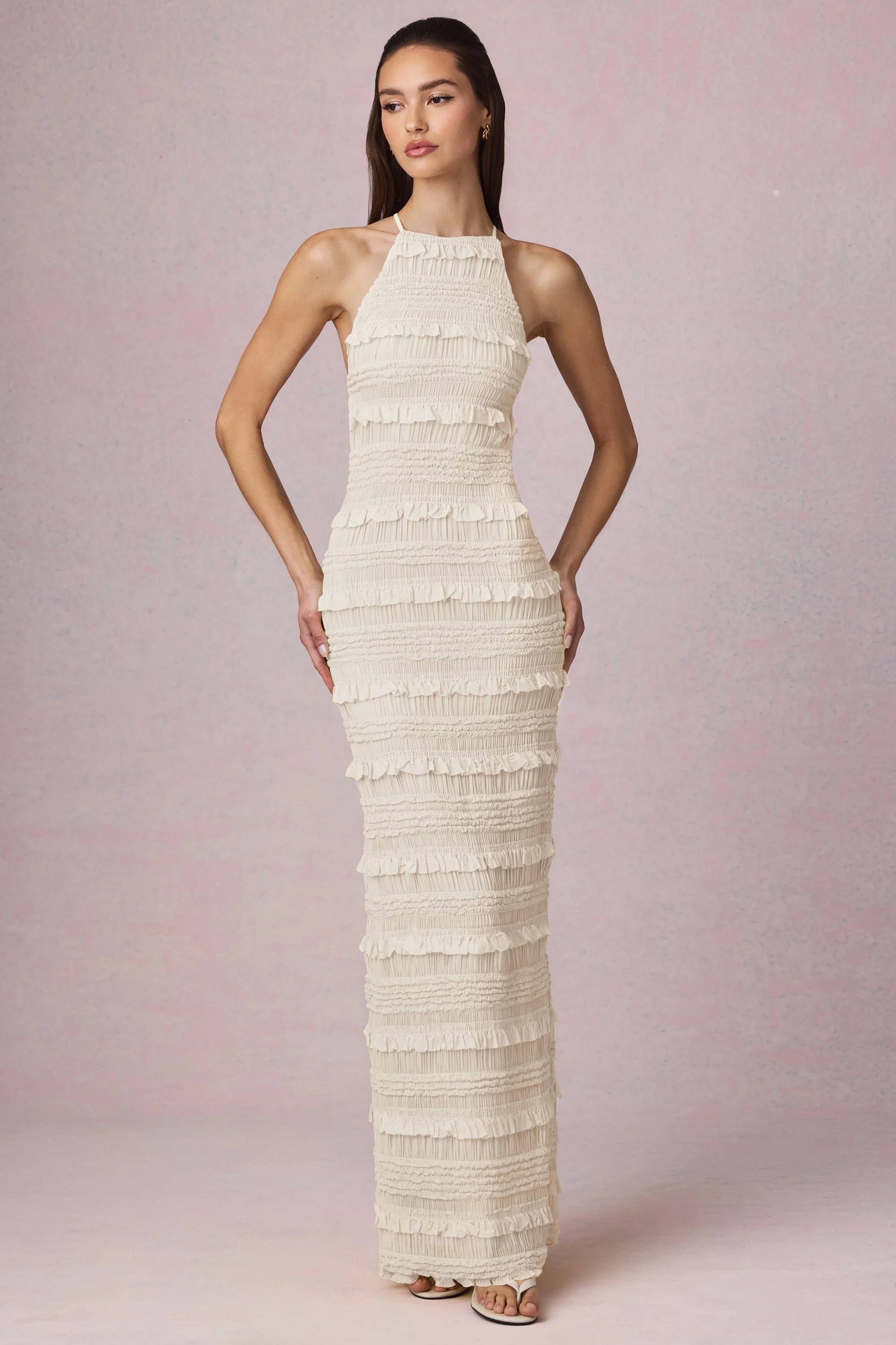 Ruffled Backless Halterneck Maxi Dress in Ivory - Image 5