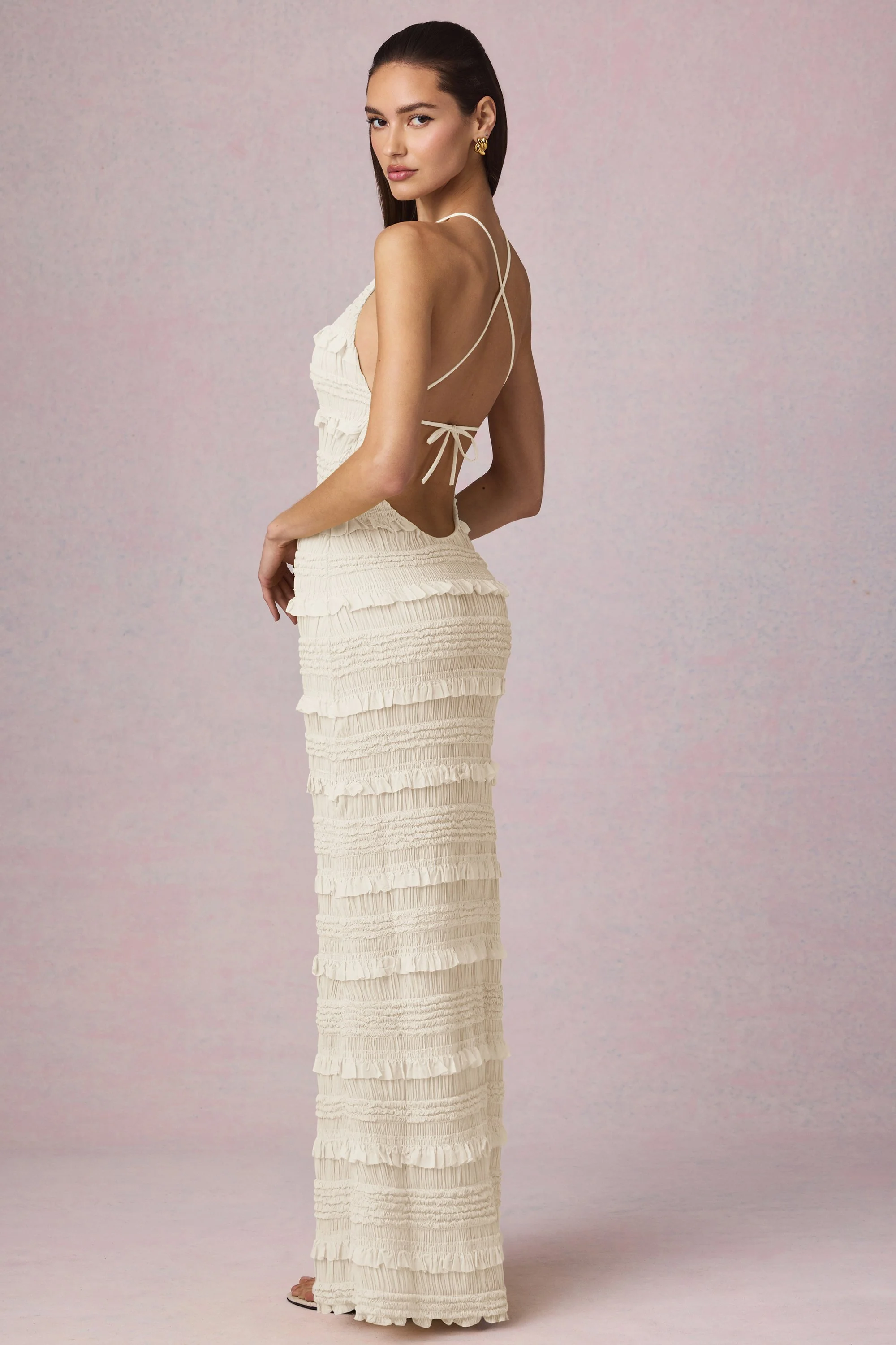 Ruffled Backless Halterneck Maxi Dress in Ivory - Image 6