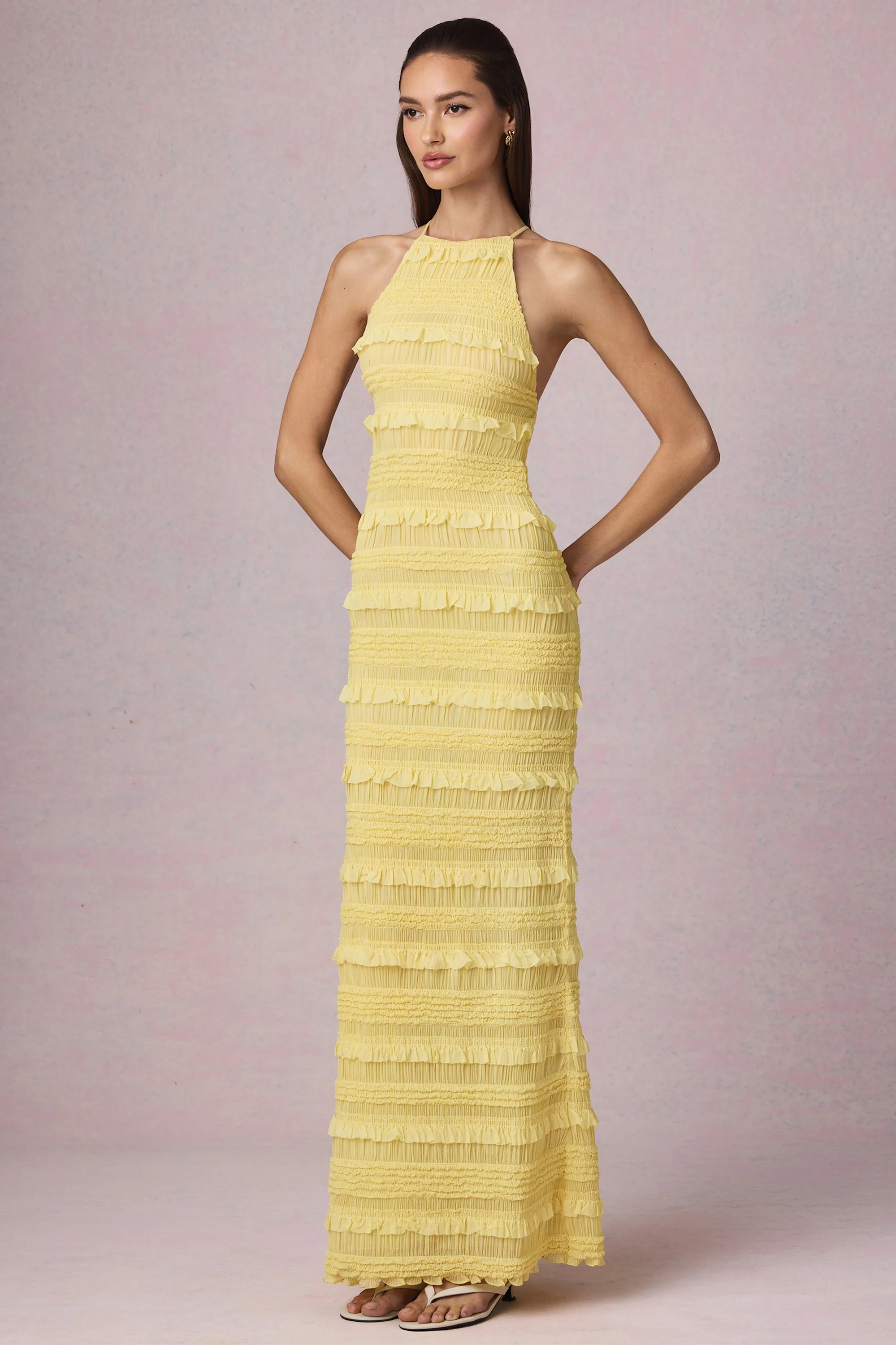 Ruffled Backless Halterneck Maxi Dress in Lemon Yellow - Image 6