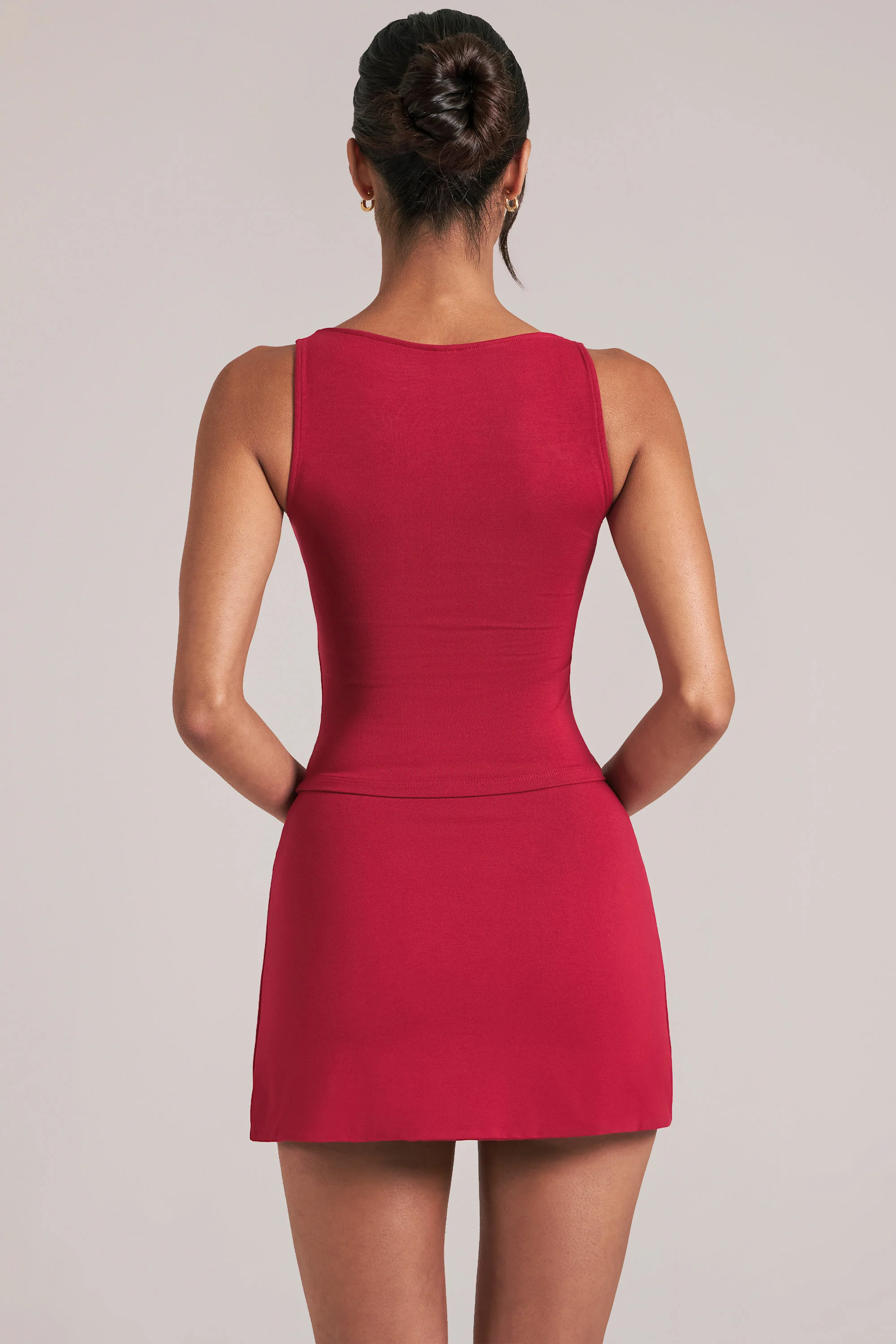 Mid-Rise Bodycon Ultra Mini Skirt with Split in Cherry Red - Image 2