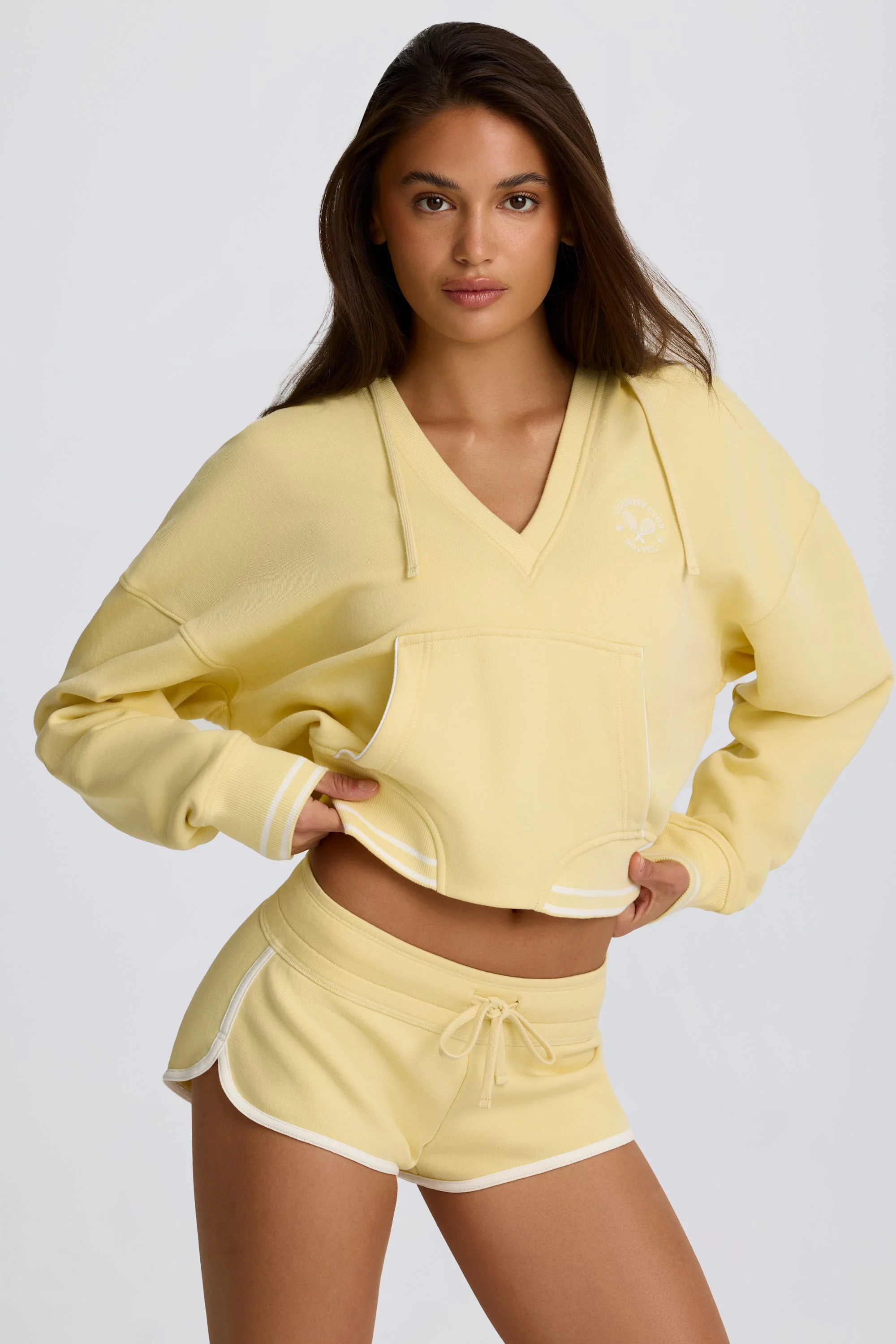 Cotton Jersey V-Neck Hoodie in Lemon - Image 4