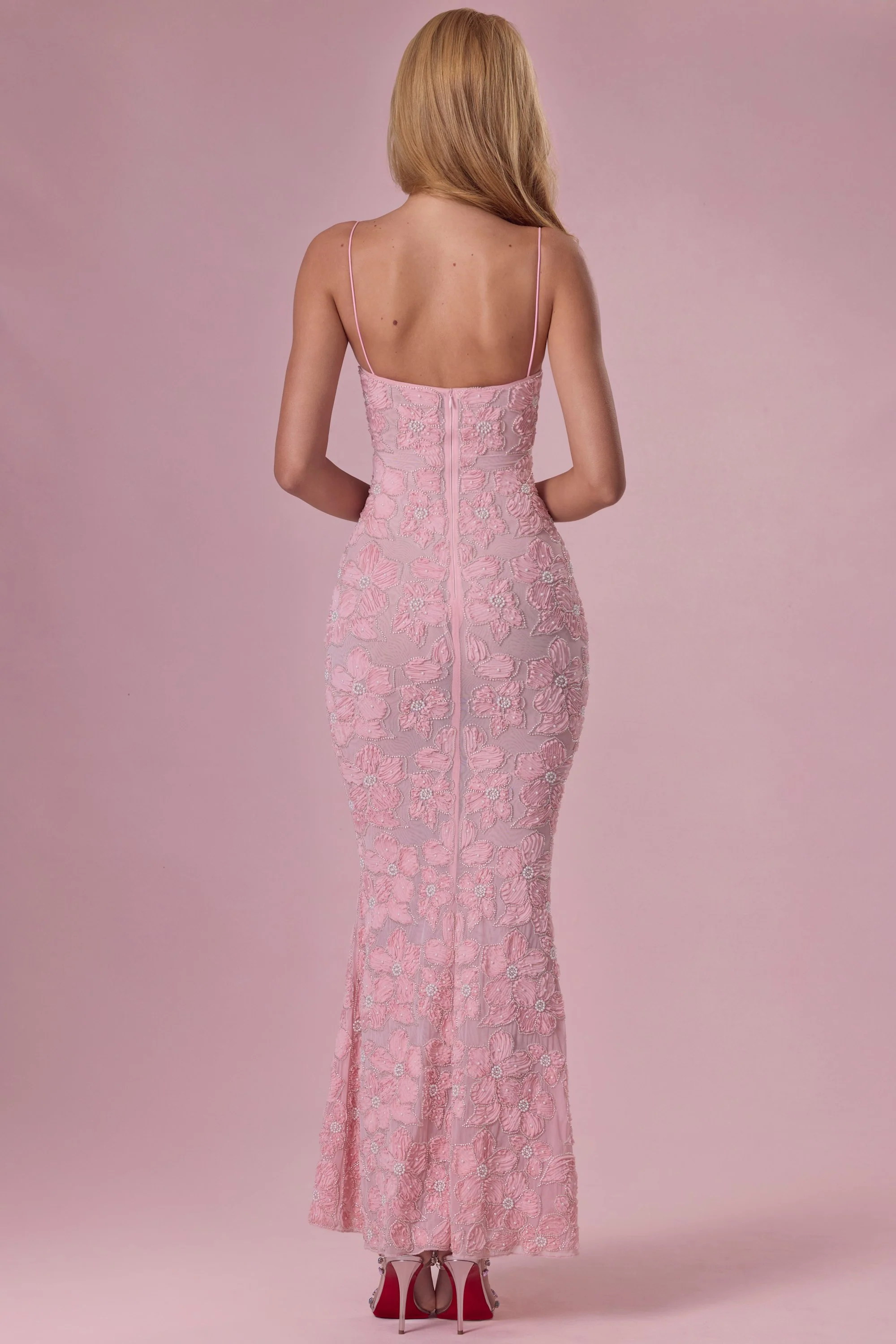 Embellished Square Neck Maxi Dress in Blush Pink - Image 3