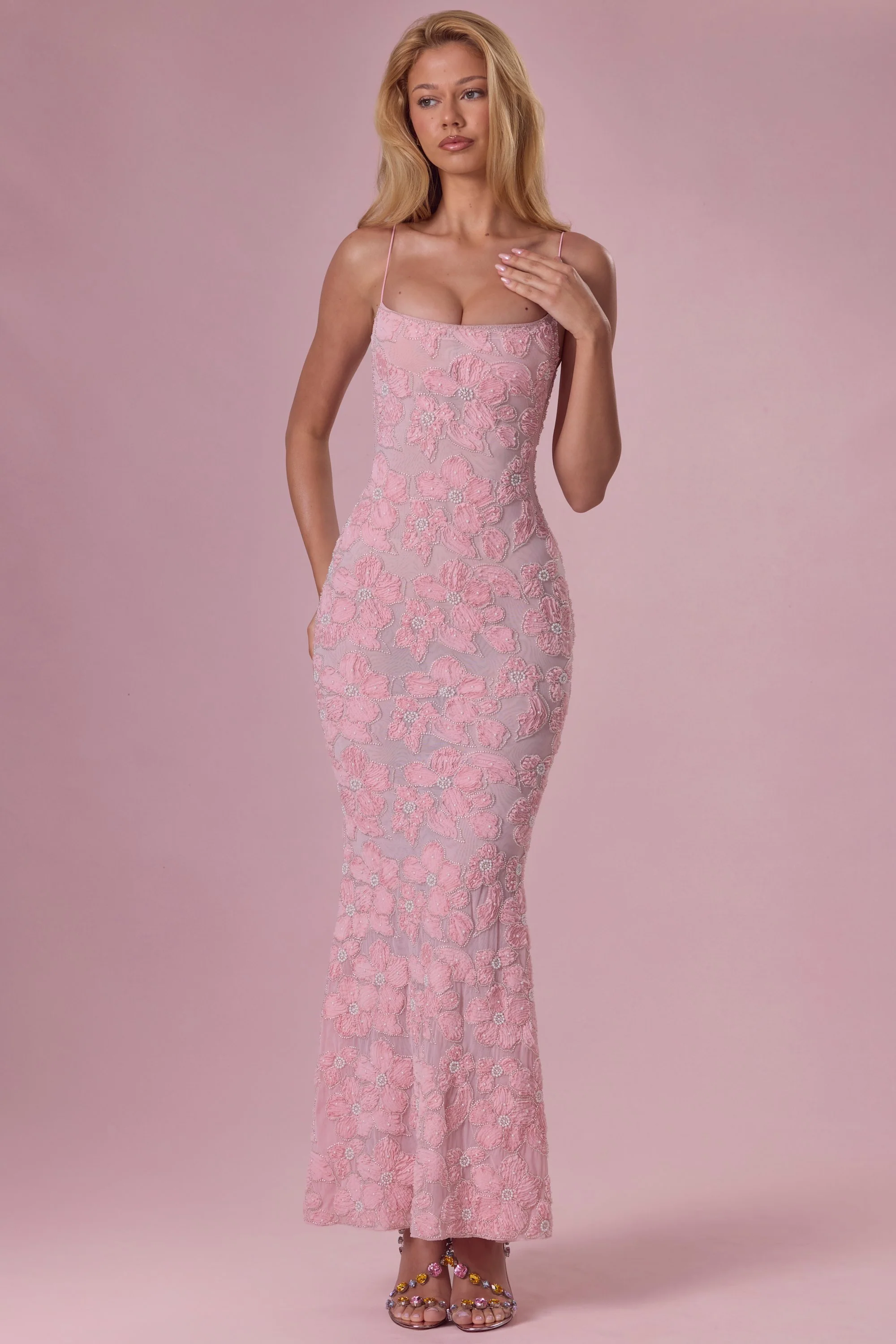 Embellished Square Neck Maxi Dress in Blush Pink - Image 7