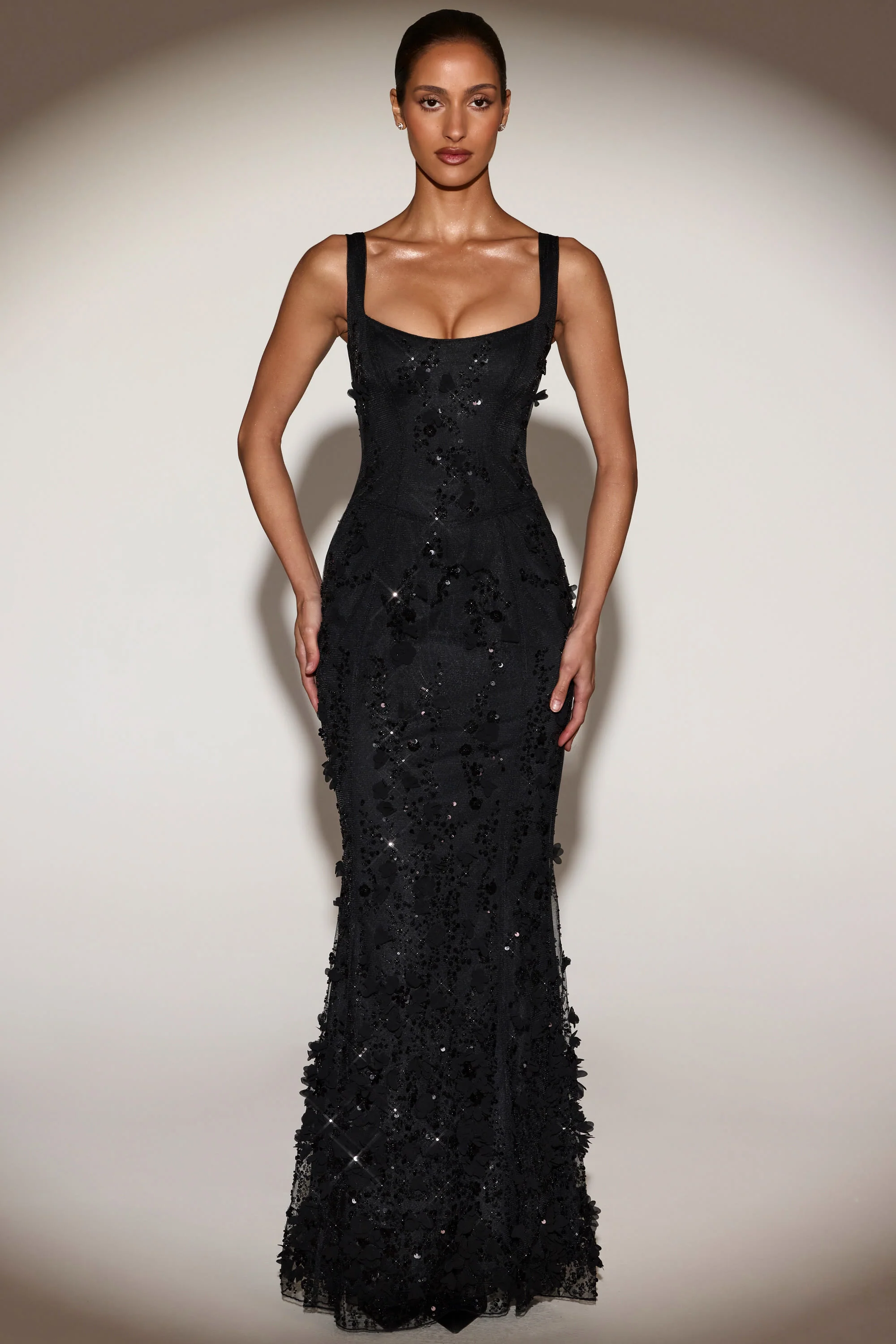 Embellished Appliqué Soft-Scoop Corset Gown in Black - Image 4
